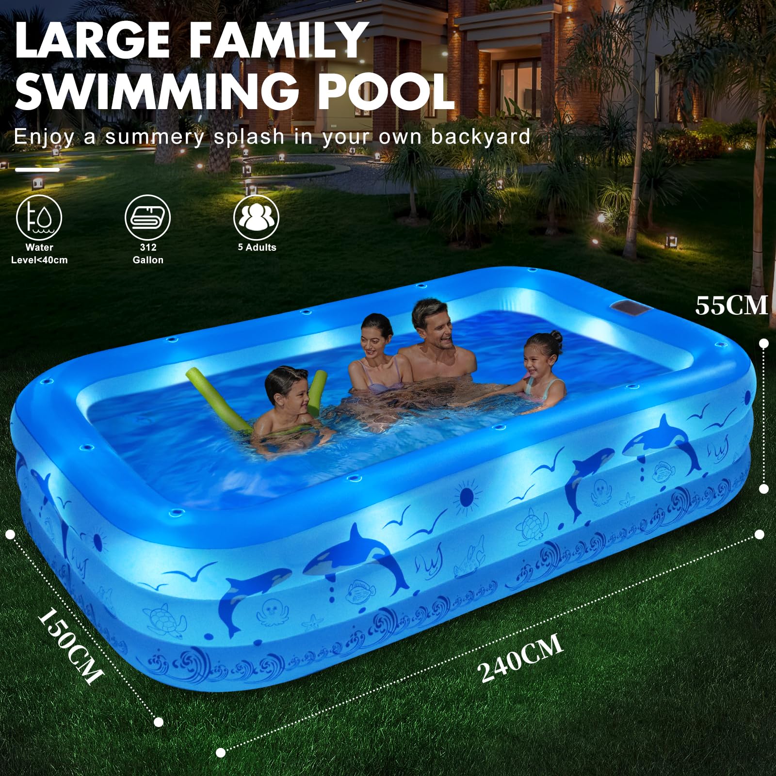 LanOcean Aufblasbarer Pool Erwachsene mit Lichter, Solar Swimmingpool Kinder mit 12 Beleuchtungmodi, Rechteckig Planschbecken Groß 240x150x55CM Schwimmbecken Kinder Familienpool Garten Pool für Balkon