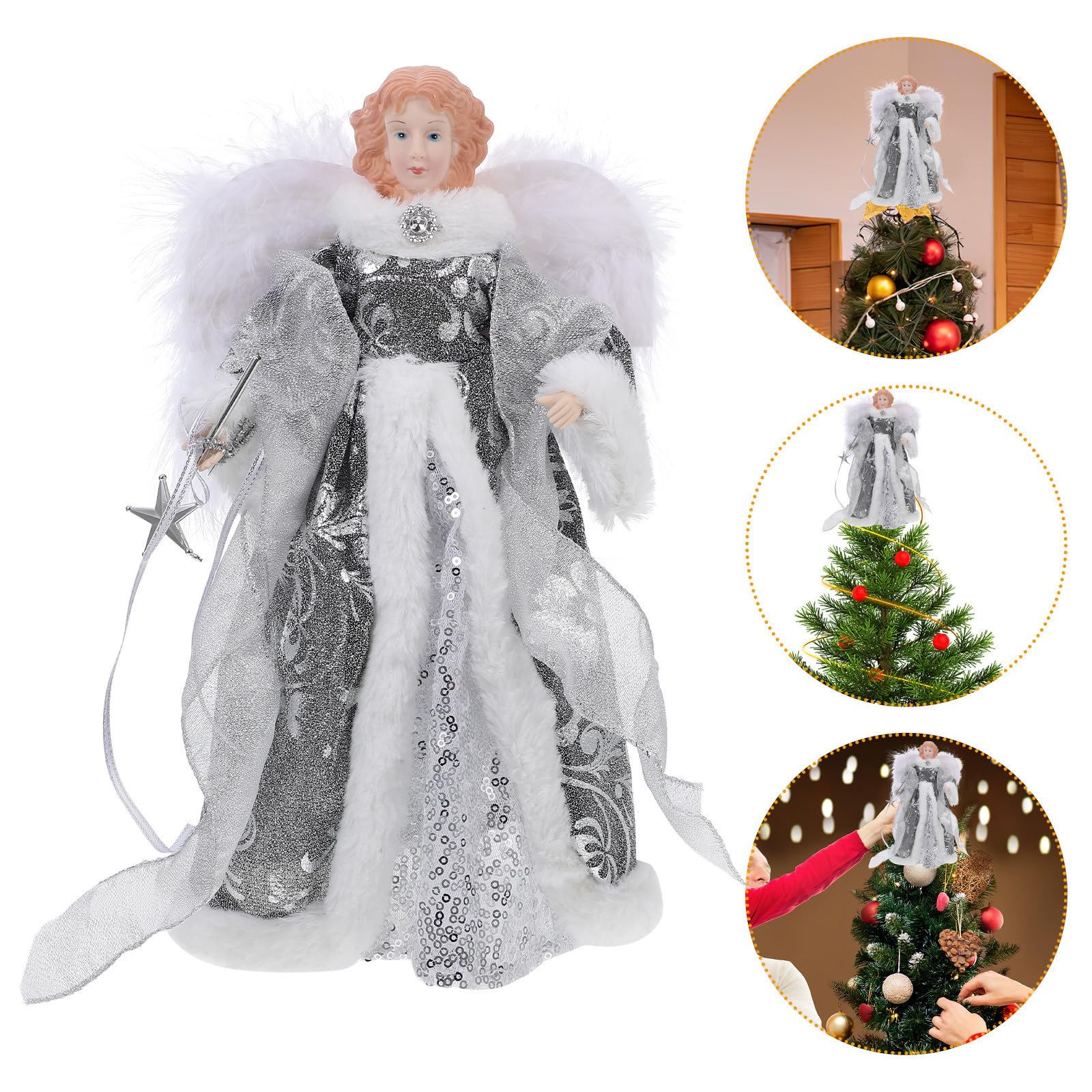 VICASKY Adorno Punta del Árbol de Navidad en Forma de Ángel de Tela Plata Detalles Vivos y Diseño Encantador para Decoración de Dormitorio