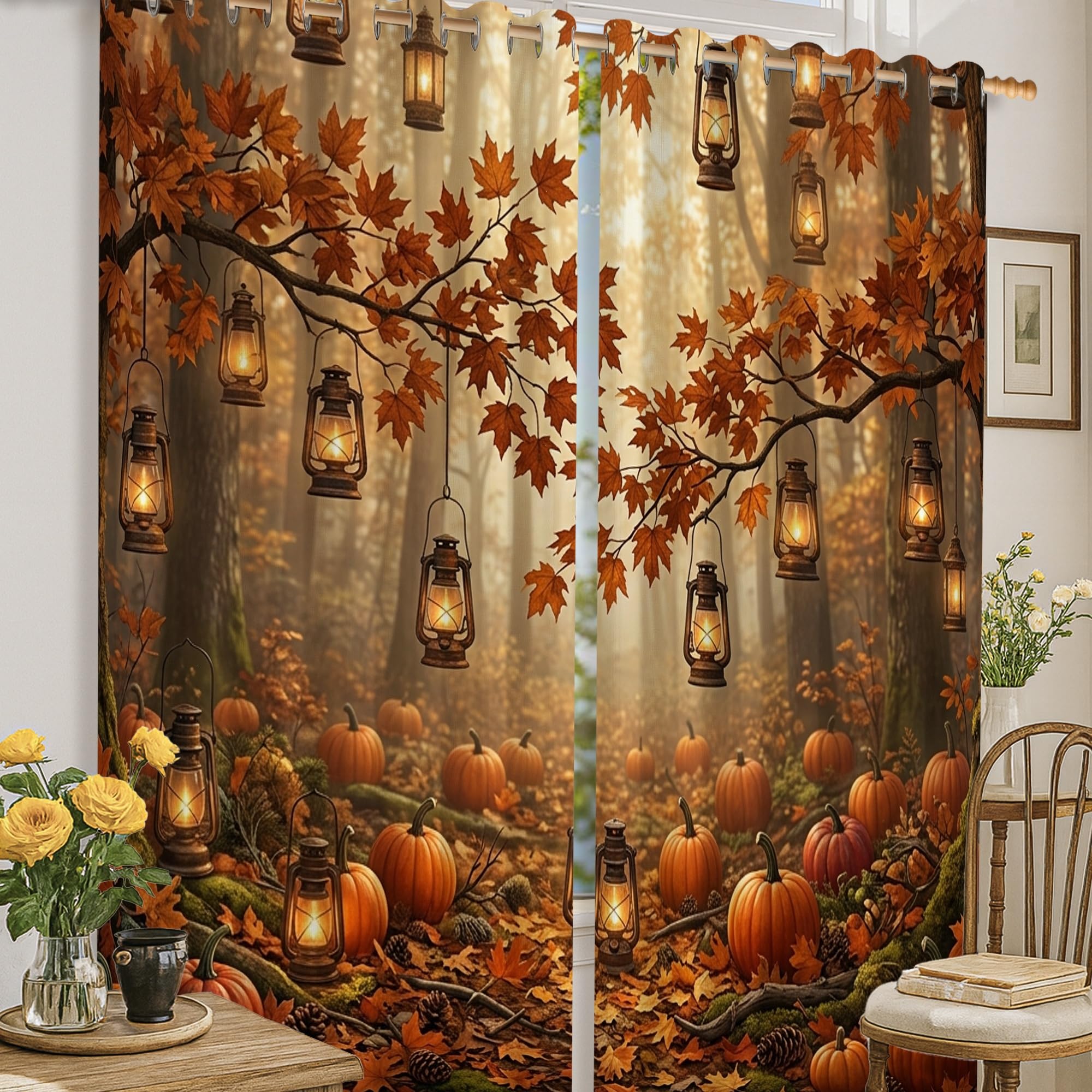Rideaux occultants isolation thermique orange 132x160cm motif rustique citrouille maison