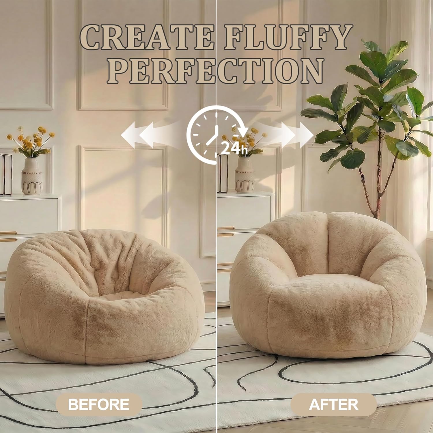 MOJAY Bean Bag Chair for Adults, Floral Shaped Bean Bags, Deep Sink-in Breathable Memory Foam Teen Bean Bag Chair, Easy to Clean Faux Fur Bean Bag Sofa, Comfy Chair for Living Room & Dorm (Camel)