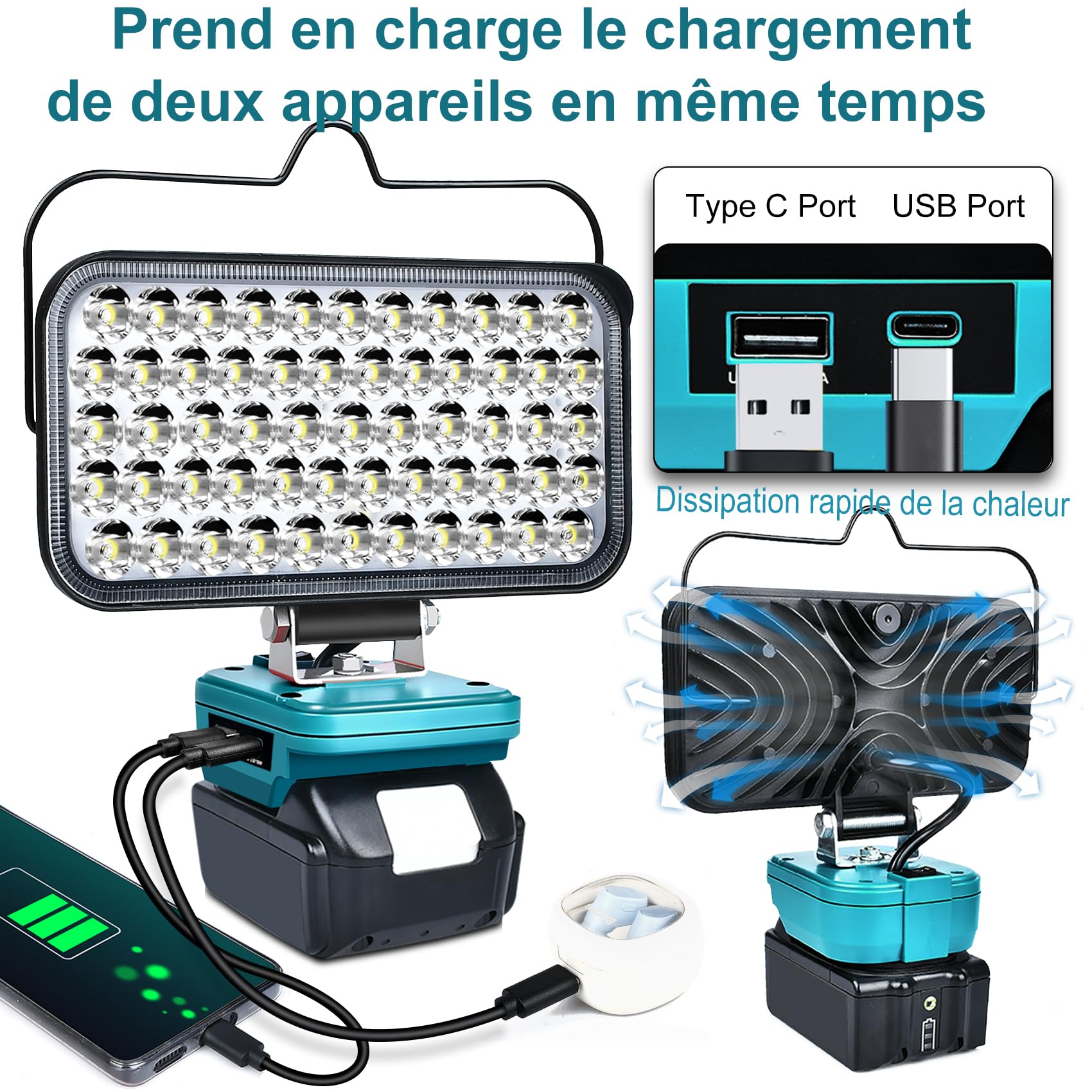 Lampe de Travail LED sans fil Compatible avec Batterie 18V, 174W 6800 LM, avec Port de Charge USB & Type-C, Protection Basse Tension, pour Jardin, Arrière-cour et Garage.