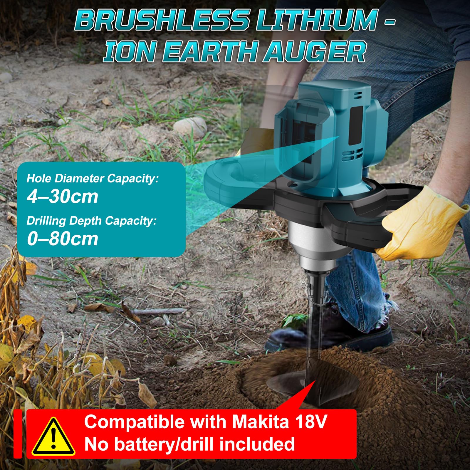 Akku Erdbohrer Kompatibel mit Makita 18V, 1200W Bürstenloser Motor Erdlochbohrer Professional Pfahlbohrer, für Zaunbau, Garten, Mörtelrührer (Ohne Batterie & Spiralkopf)