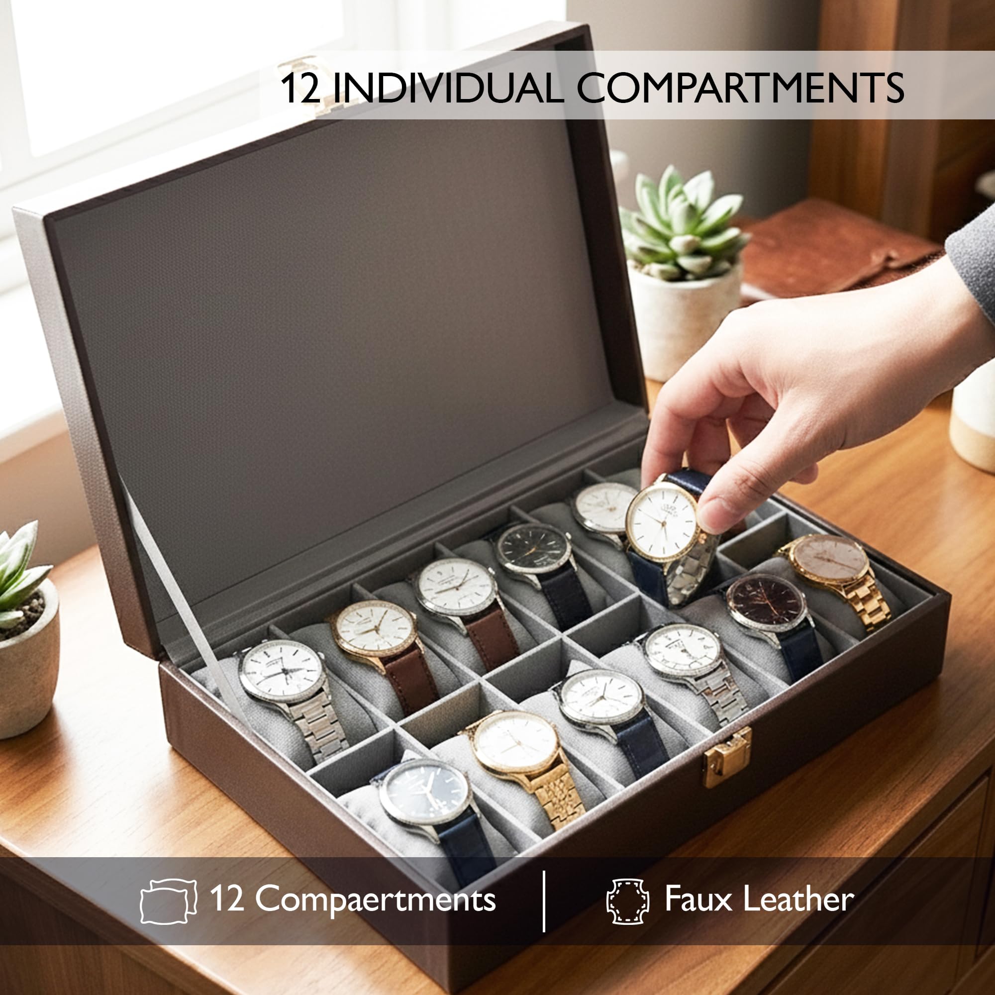 Caja organizadora de relojes unisex de piel sintética MDF con 12 ranuras | Color: marrón