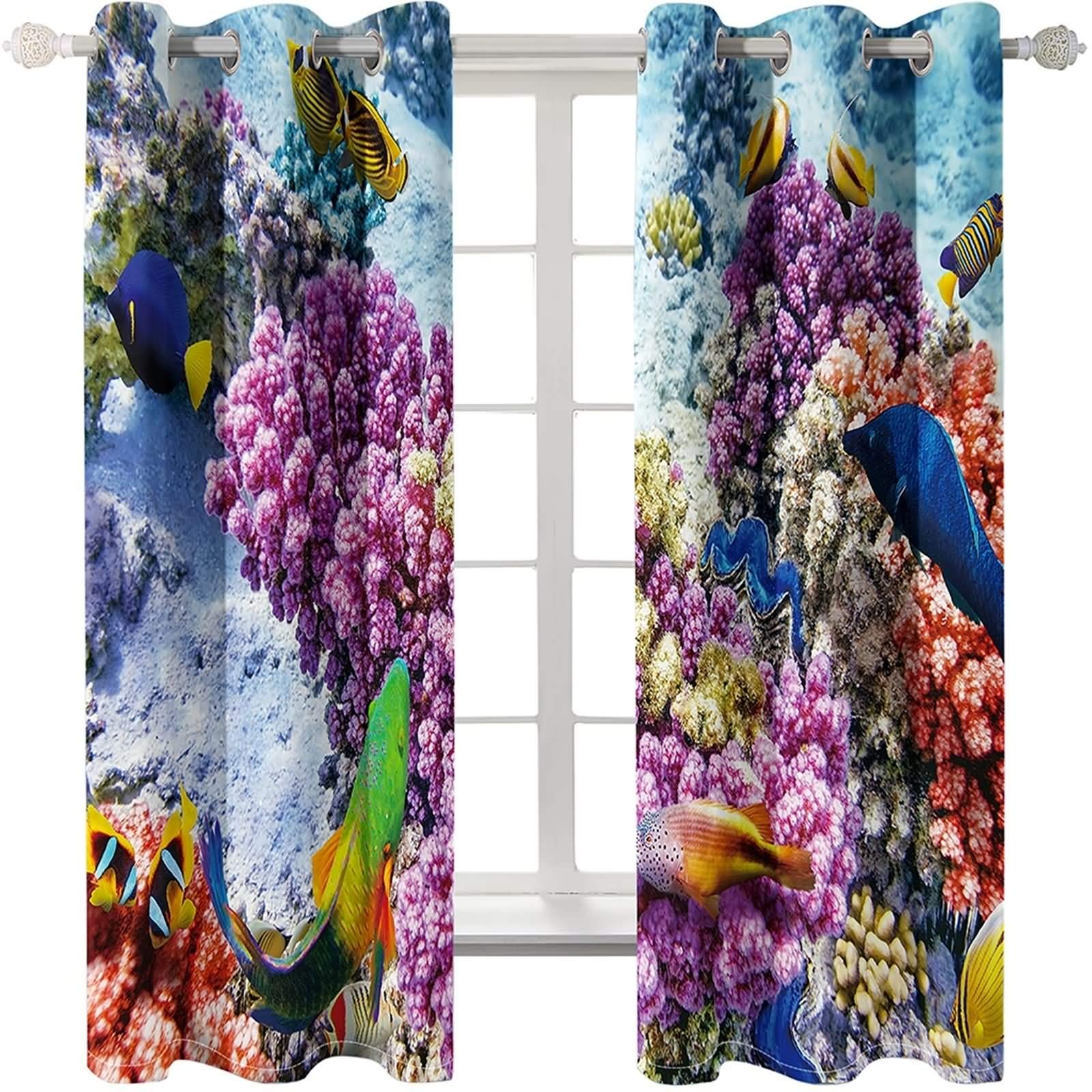 KnSam Rideaux Occultants Imprimé Moderne pour Chambre Salon, 137x183CM x 2PCS, Rideau Imprimé Monde sous-Marin Violet Bleu