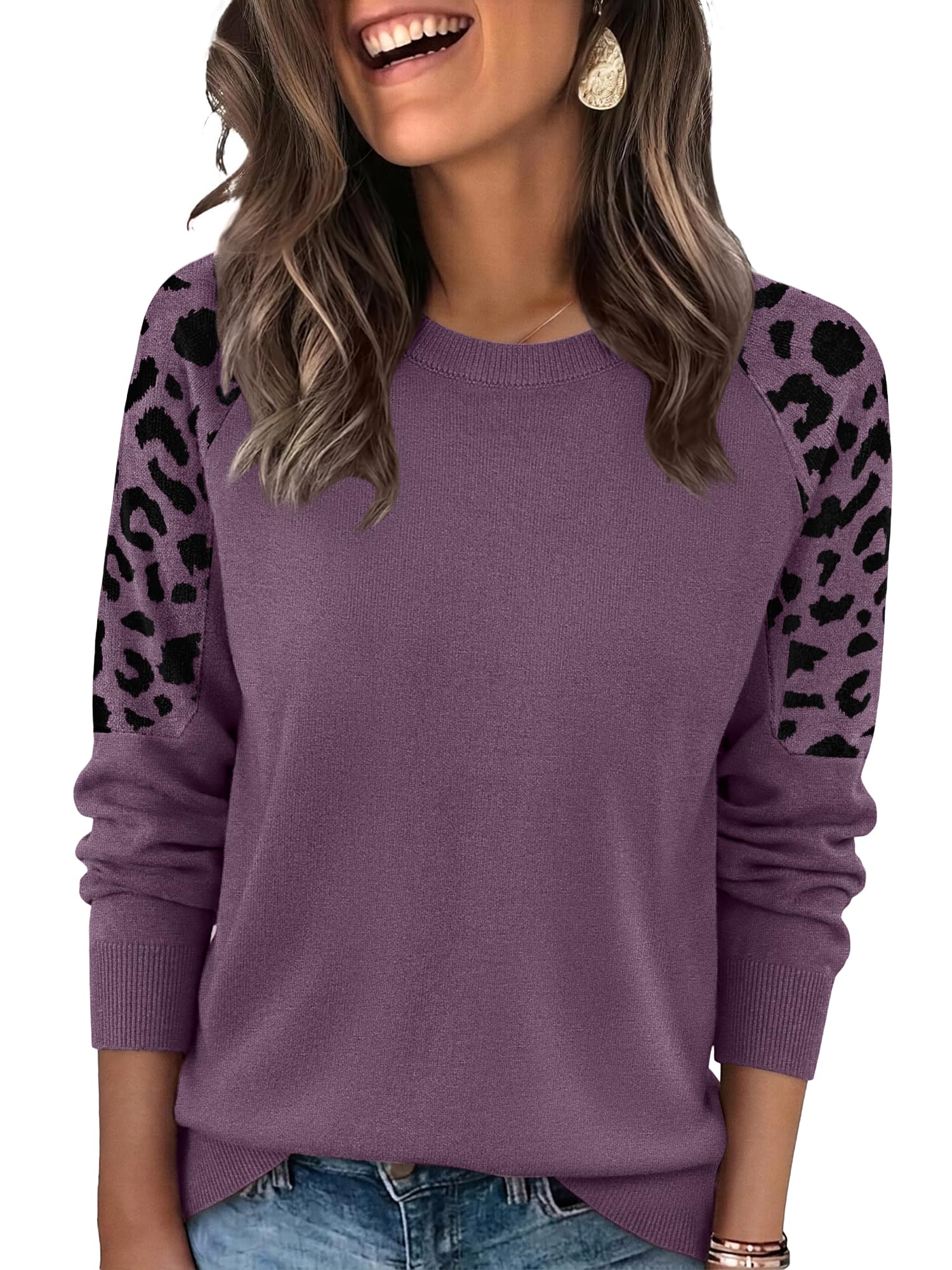 WIHOLL Womens Fall Sweaters Contrast Raglan Sleeve Tops Fashion Clothing | Jacquard Sleeve,Soft Knitted,Lightweight Pullover Sweater,Cozy Long Sleeve Shirts,Comfy Business Casual Outfits,Daily Casual