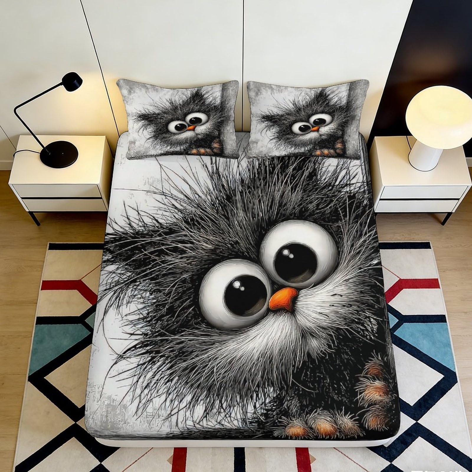 3D Printed Fluffy Owl Fitted Sheet Microfiber Soft Cartoon Eyes Mattress Cover for Bedroom Dorm Decorative Protection 90x200x25cm