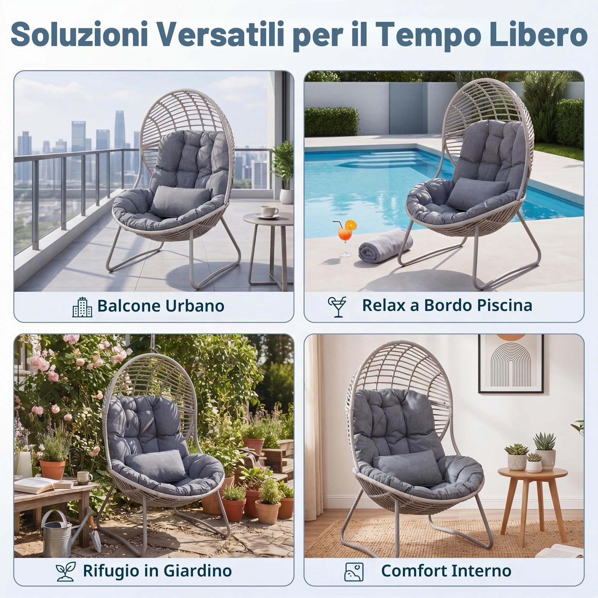 LIFEZEAL Poltrona da Esterno in Rattan PE, Poltrona a Forma di Uovo con Cuscino Rimovibile e Piedini Regolabili, Design Ergonomico, Sedia per Interno, Giardino, Balcone, 98 x 88,5 x 137,5 cm