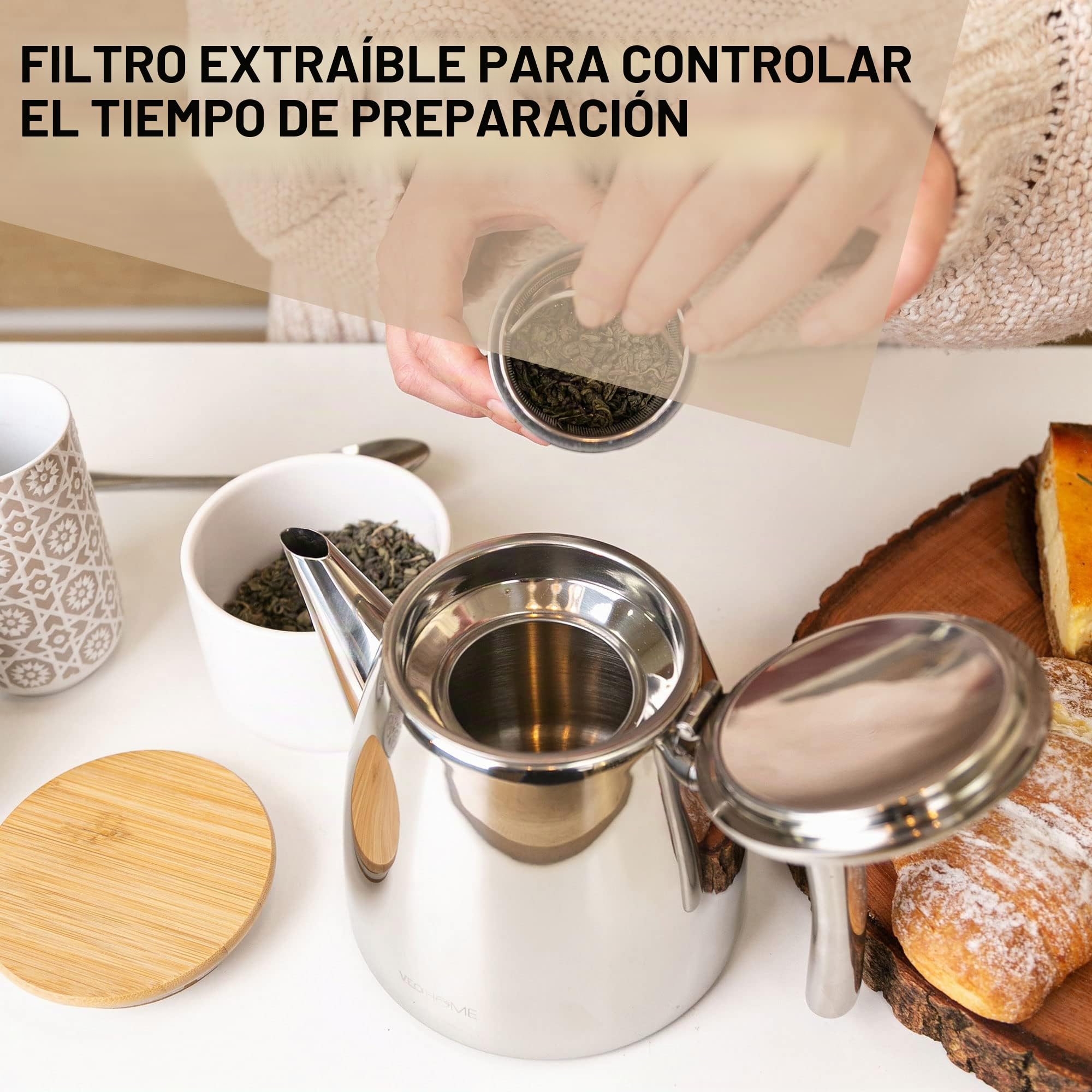 Tetera de Acero Inoxidable VeoHome 1L con Infusor - Doble Pared Aislante para Conservar el Calor