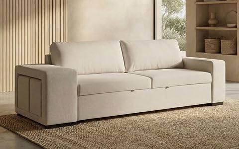 BUDWING Avery Sofá Cama 3 Plazas + 2 Pufs – Sistema de Cama Integrado, Cojines Sueltos – Tejido 100% Poliéster – Estilo Moderno – 248x117x90 cm – Beige