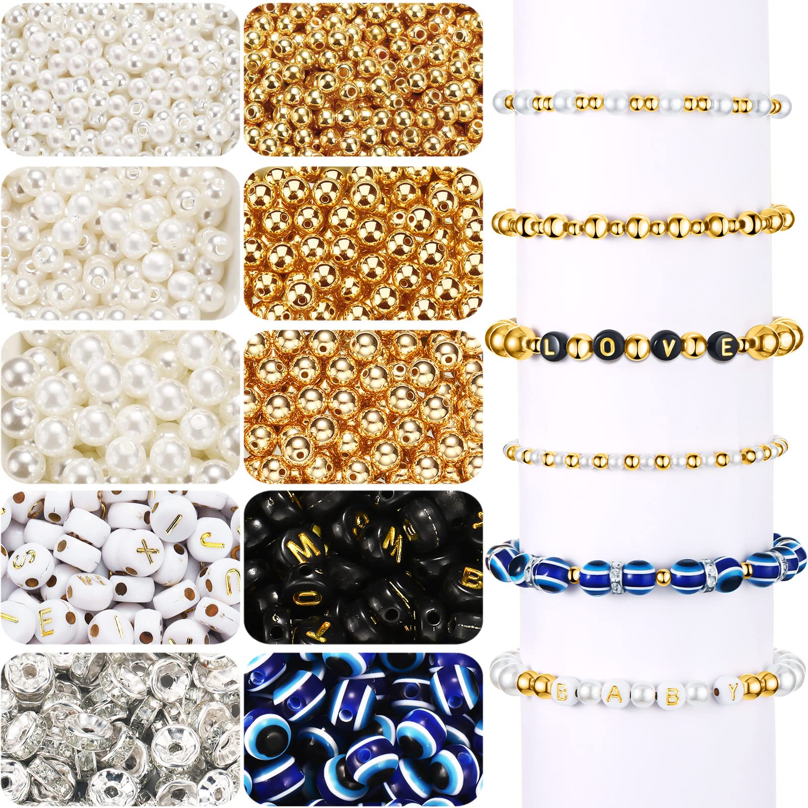 2000 Pcs Bracelet Making Kit, 900 Pcs Gold Ball Beads 400 Pcs Alphabet Letter Beads 500 Pcs White Pearls Bead 100 Pcs Evil Eye Beads 100 Pcs Silver Rondelle Spacer Bead for DIY Craft Jewelry Making