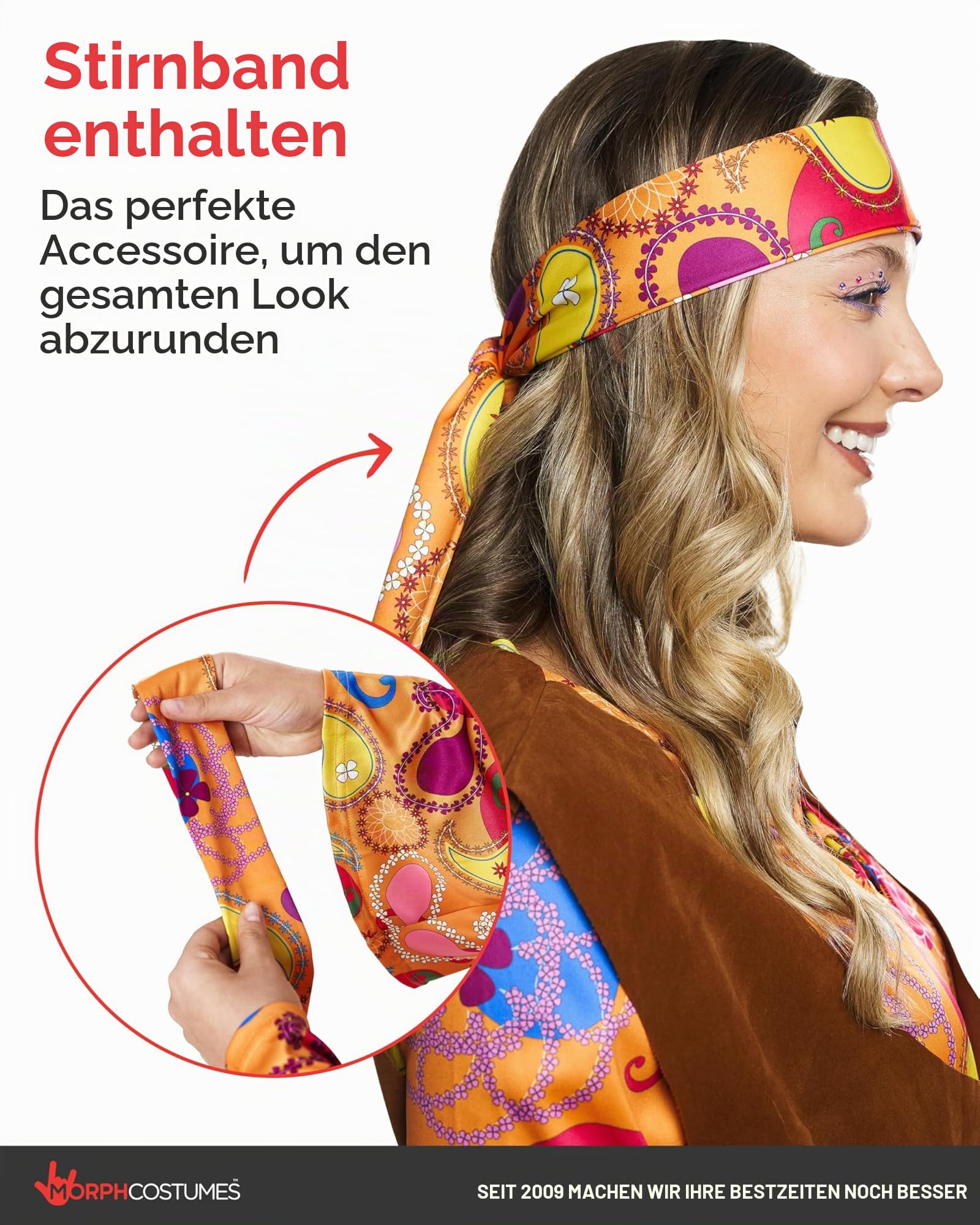Morph Hippie Kostüm Damen, 70er Jahre Outfit Damen, 70er Jahre Bekleidung, Hippie Kleid, Schlagermove Outfit Frauen, Karneval Kostum Frauen, Fasching