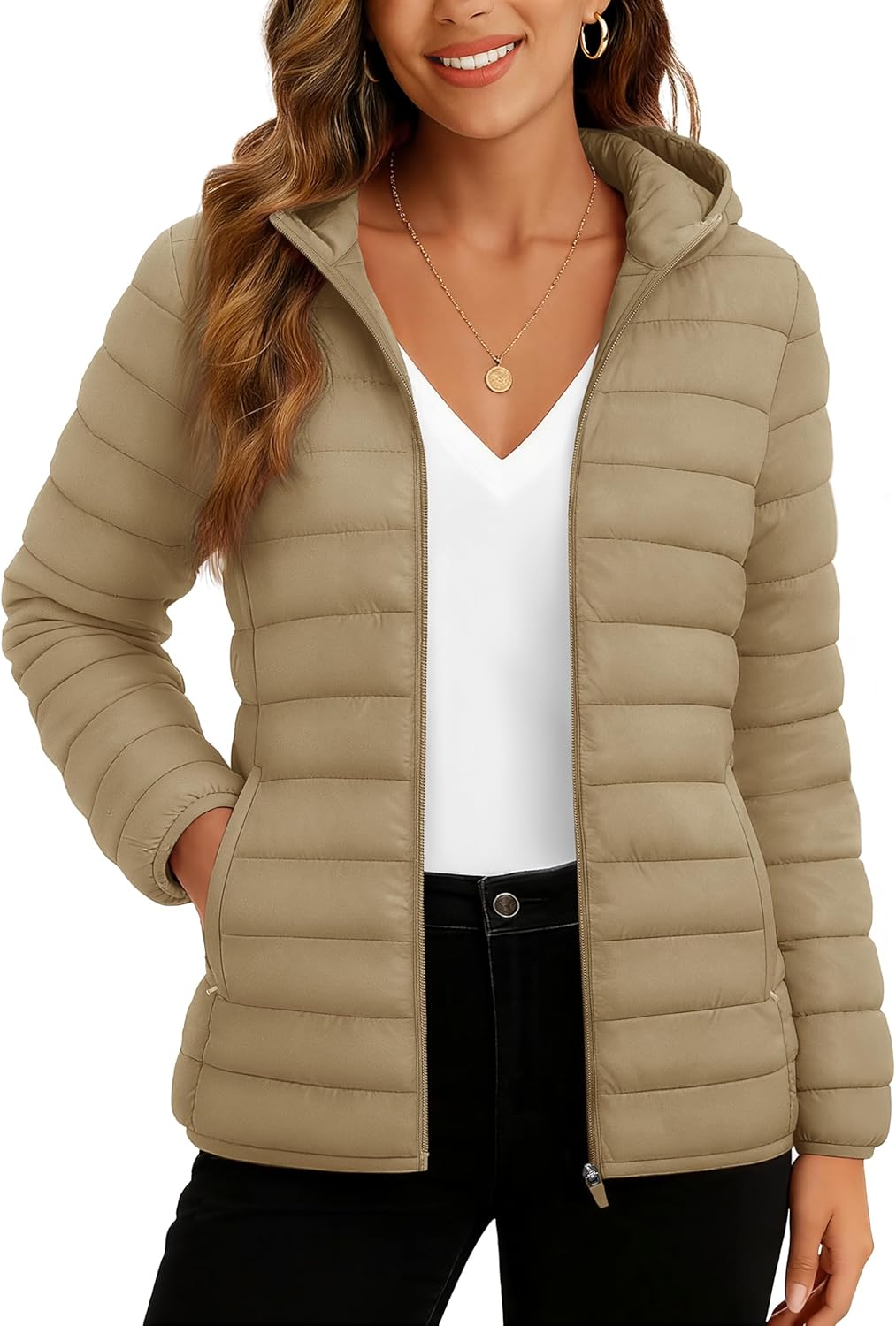 TACVASEN Women's Lightweight Puffer Jacket with Hood Pockets Quilted Padded Full-zip Water-Resistant Winter Coat