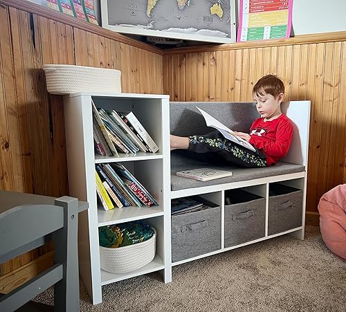 Miniatura 4 de UTEX Banco de lectura para niños con estantería, estantería para niños y organizador de almacenamiento con cojín de asiento, banco de lectura con
