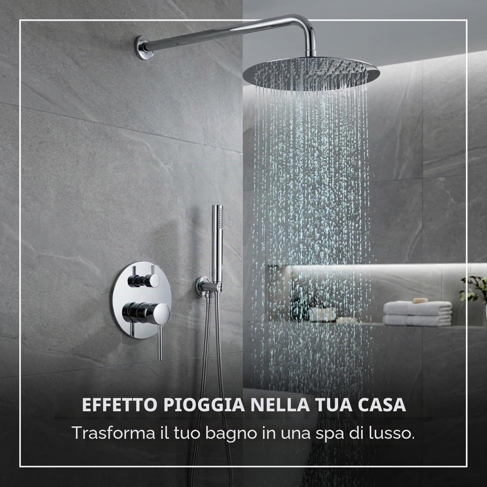 VALAZ Doccia Incasso Cromo | Miscelatore Doccia Incasso Spruzzatore Effetto Pioggia | Installazione a Parete Facile | Inossidabile, Rotondo, Spruzzatore 25 cm, Serie Jucar