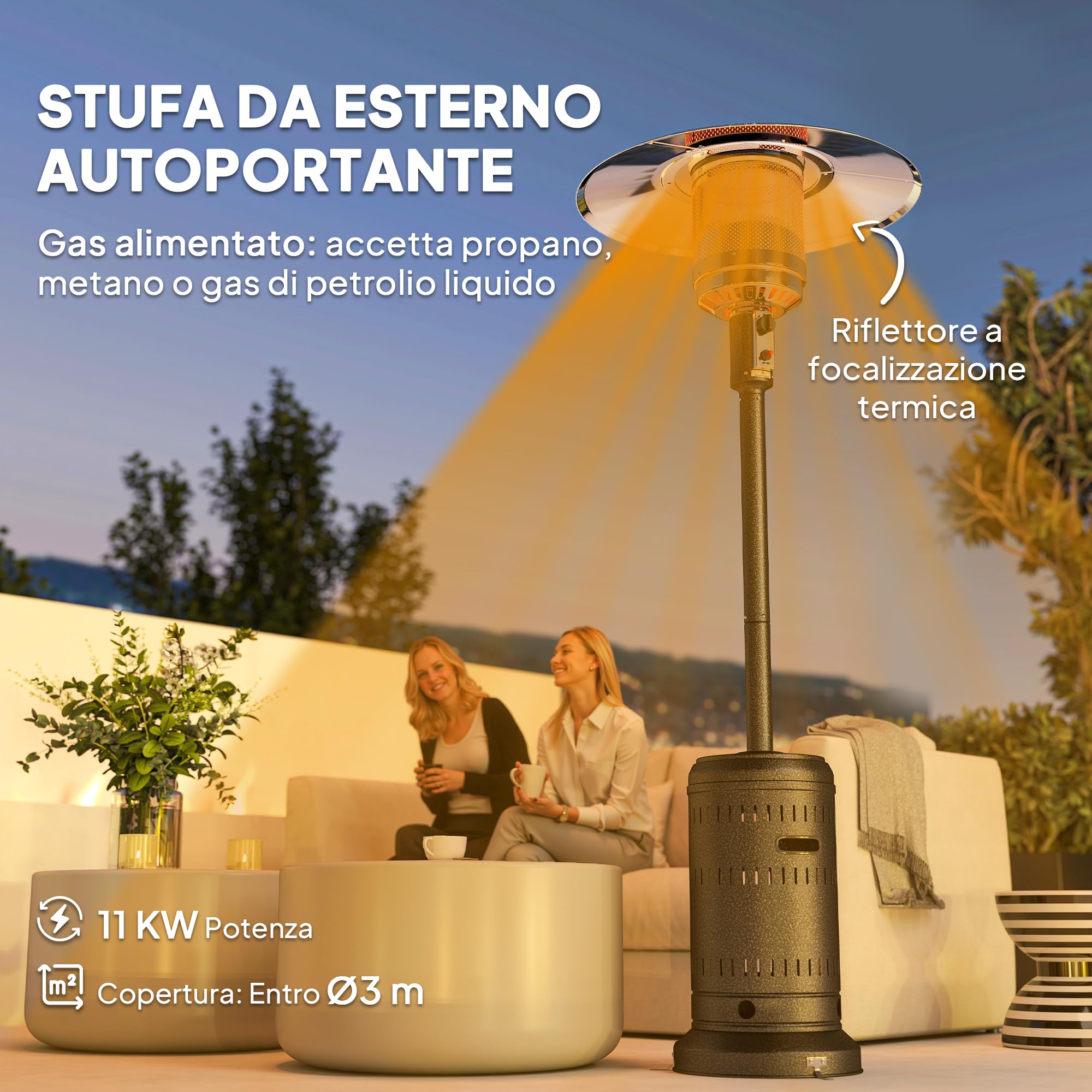 Outsunny Stufa a Gas/Propano da Esterno 11kw, con Spegnimento Automatico e Rotelle, Riscaldatore da Esterno Portatile, per Patio, Giardino e Terrazzo, 82x82x223 cm, Marrone Scuro