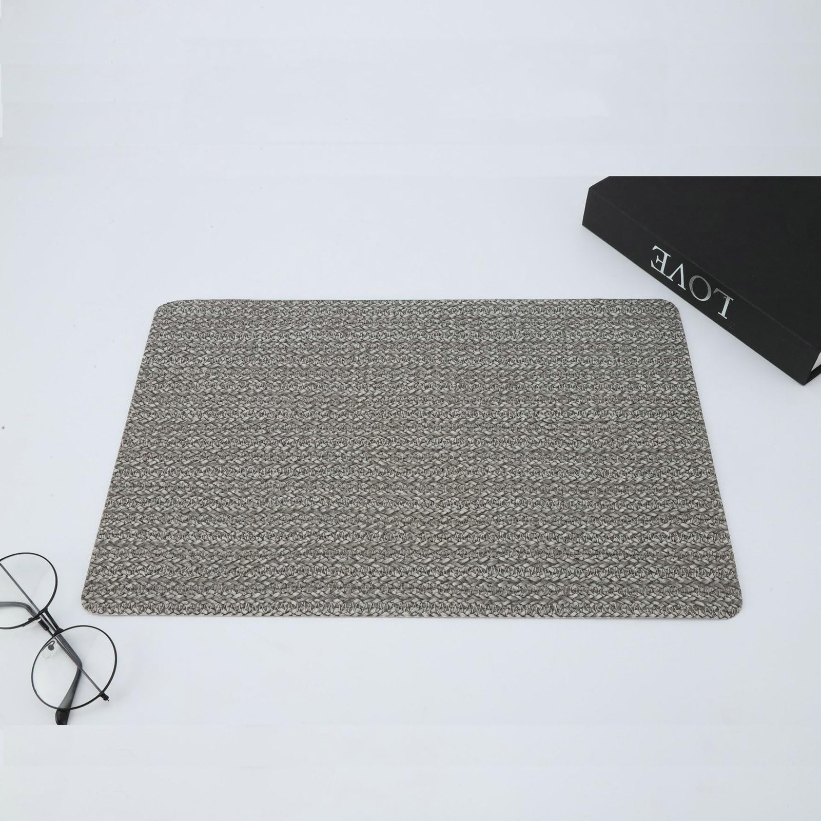 Juego de 6 manteles individuales rectangulares de PVC, resistentes al calor, antideslizantes, lavables, estilo japonés, color sólido, tejido gris claro, para cena de Navidad, vacaciones, 45 x