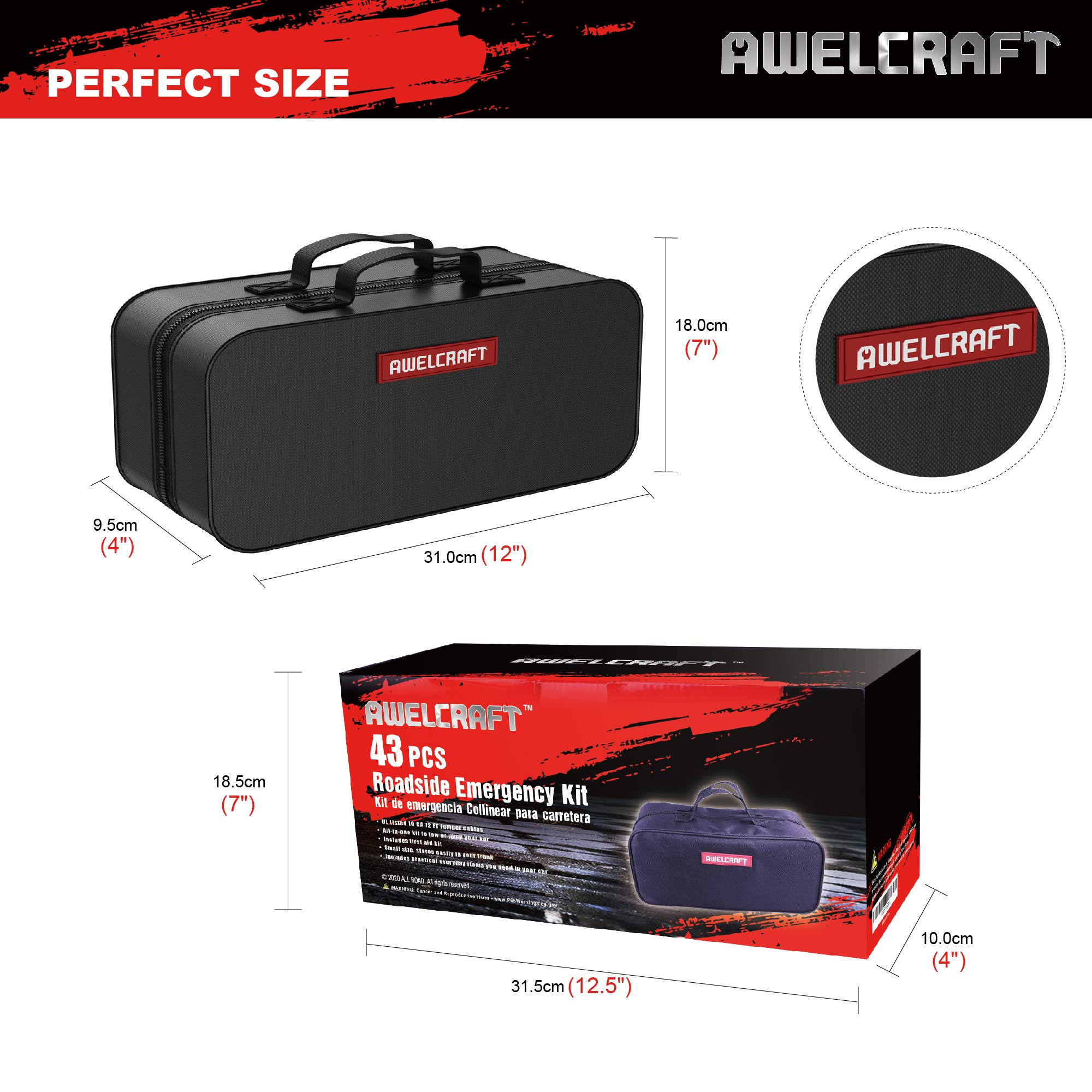 Car Emergency Kit – Roadside 43 Pieces Heavy Duty Car Emergency Kit – Jumper Cables UL Listed, Triangle, Tire Pressure Gauge, Raincoat, Tow Rope, etc– Car Accessories for Women and Men