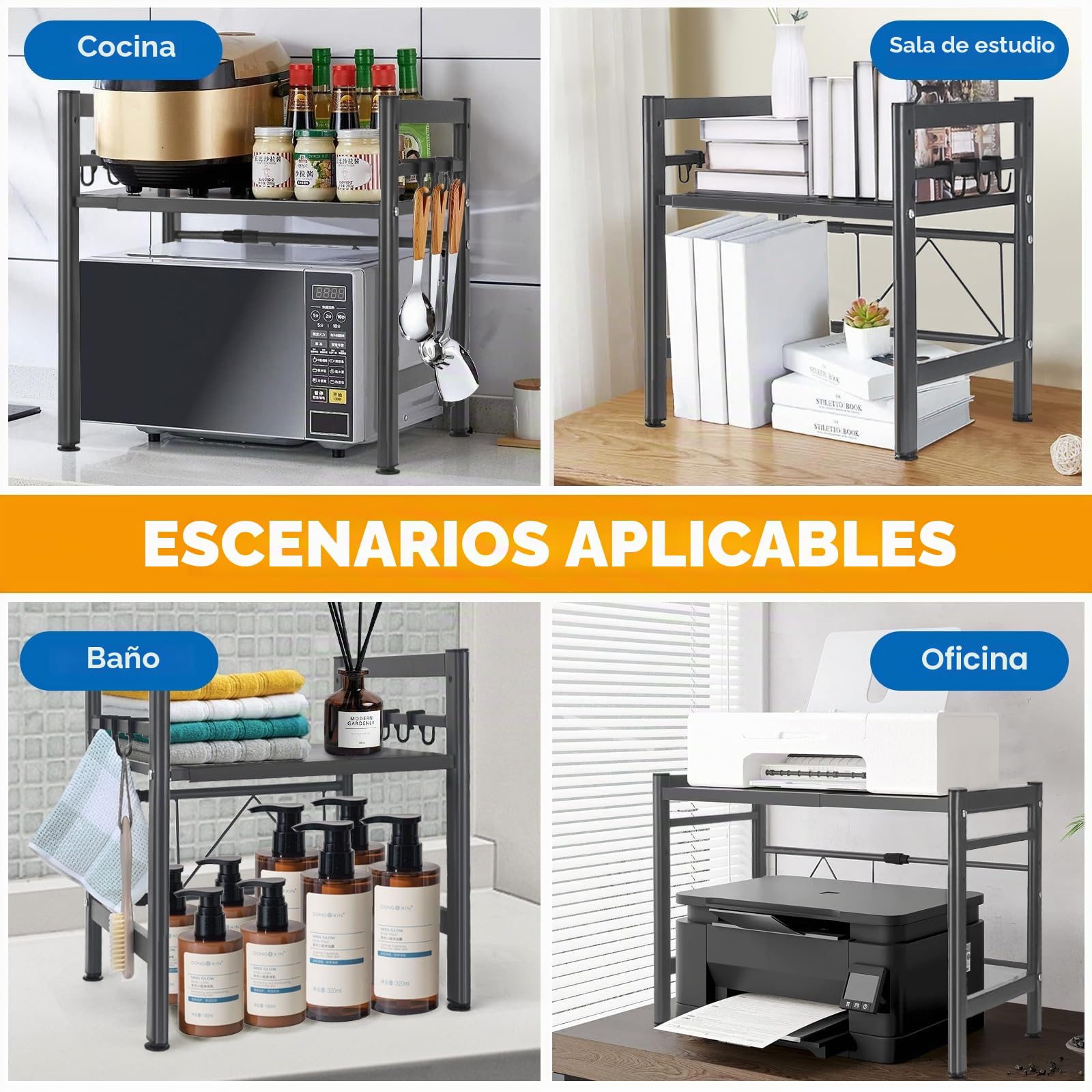 Estantería Extensible para microondas, estantería de Cocina, de pie, para microondas, de pie, Organizador de Cocina, con 6 Ganchos, Organizador para encimeras de Cocina (Gris, un-Nivel)