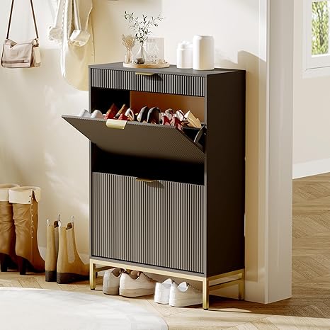 GarveeHome Wave Design Shoe Cabinet with 2 Flip Drawers, a Drawer, Fluted Shoe Cabinet, Modern Narrow Shoe Storage, Wooden Shoe Organizer with Large Capacity, Hidden Shoe Racks for Entryway, Black