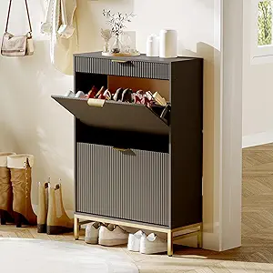 GarveeHome Wave Design Shoe Cabinet with 2 Flip Drawers, a Drawer, Fluted Shoe Cabinet, Modern Narrow Shoe Storage, Wooden Shoe Organizer with Large Capacity, Hidden Shoe Racks for Entryway, Black