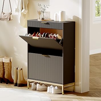 GarveeHome Wave Design Shoe Cabinet with 2 Flip Drawers, a Drawer, Fluted Shoe Cabinet, Modern Narrow Shoe Storage, Wooden Shoe Organizer with Large Capacity, Hidden Shoe Racks for Entryway, Black