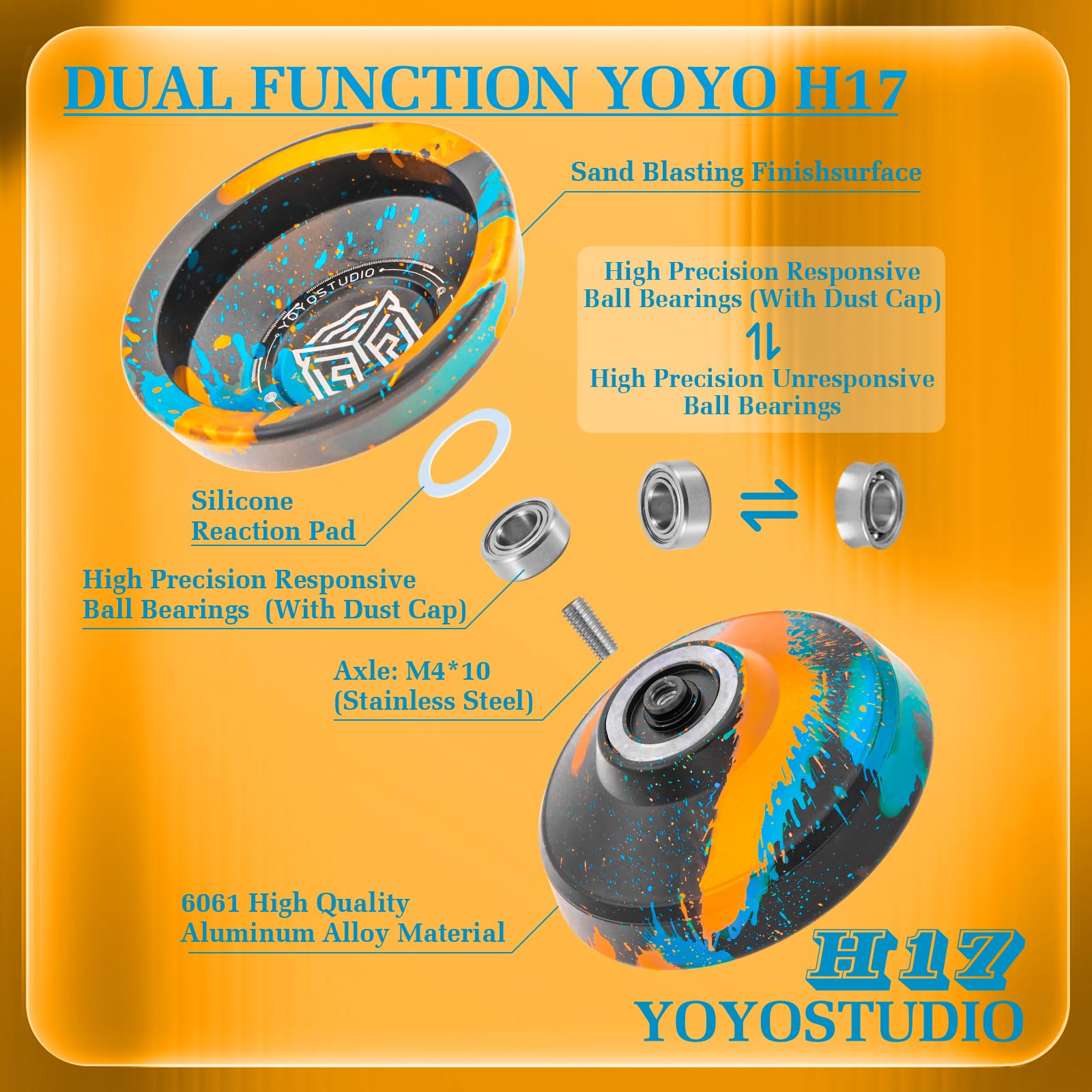 YOYOSTUDIO H17 Responsive Yoyo Professional Dual Purpose Yoyo for Kids 8-12 Unresponsive Yo Yo for Adults with Yoyos Bearings Kits, 10 Yo-Yo Strings, Case & Glove (Black Gold Blue)
