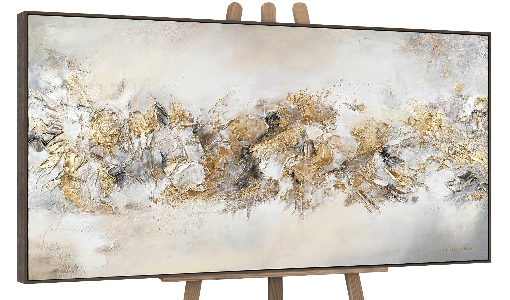 YS-Art Acrylic painting in frame Lucky line Hand-painted textured artwork with gold in grey black color Wall art for living room Home decor 40x20 inches