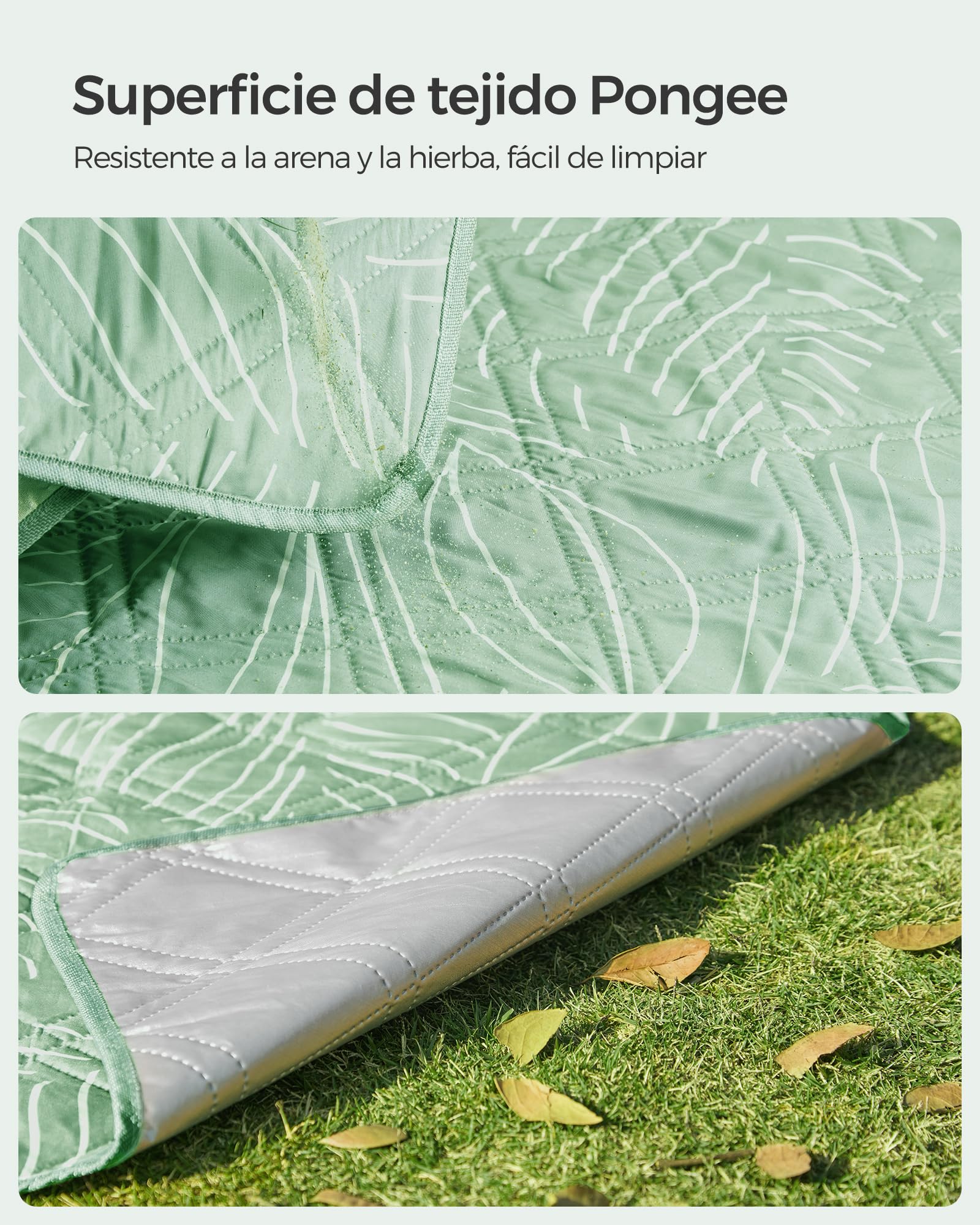 SONGMICS Manta de Picnic, 300 x 200 cm, con 4 Estacas de Suelo, Manta Grande, para Camping, Parque, Jardín, Playa, Impermeable, Lavable a Máquina, Plegable, Motivo de Hojas y Verde Menta GCM310C03