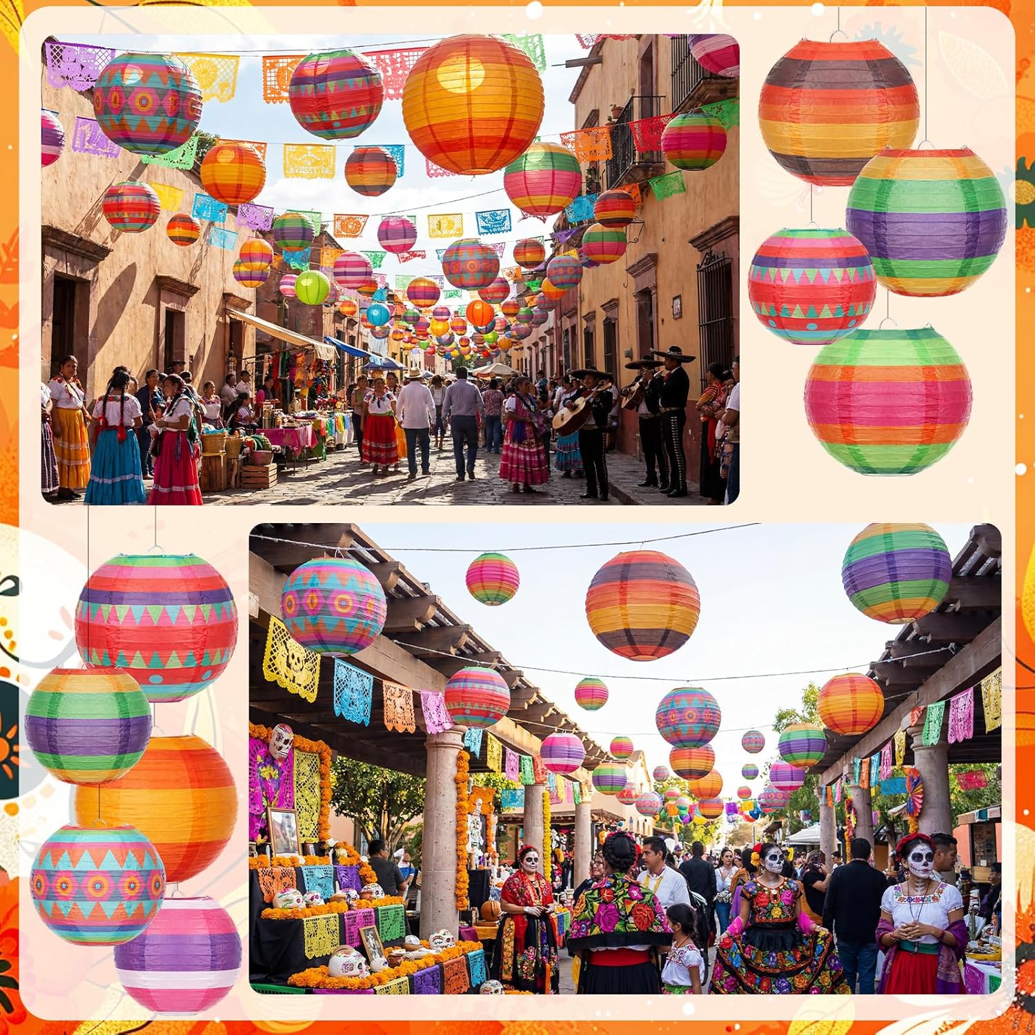 VIHOSE 34 Pcs Mexican Fiesta Hanging Paper Lanterns 7.87 Inch 5.91 Inch Colorful Cinco De Mayo Lanterns for Cinco De Mayo Day of The Dead Birthday Wedding Rainbow Mexican Party Decor