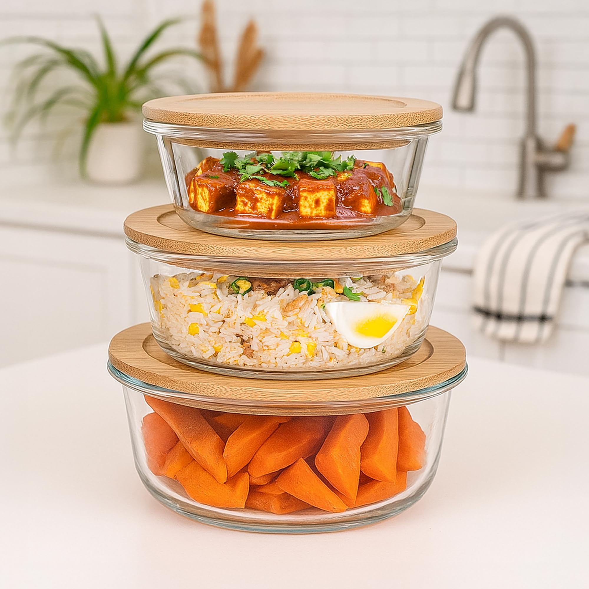 The Better Home Juego de 3 recipientes herméticos de vidrio para almacenamiento de alimentos con tapa de bambú, a prueba de fugas, lonchera hermética para oficina, nevera y escuela (400 ml, 650 ml,