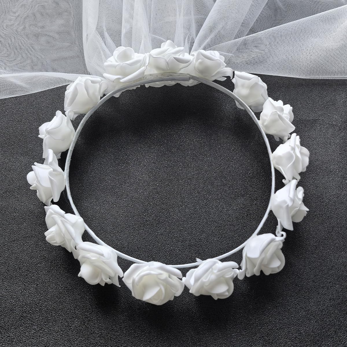 Bride Veil White Flower Wreath Headband with Lace Veil Floral Veils Headpiece Boho Flower Crown Hair Accessories for Party Wedding Engagement - Image 4