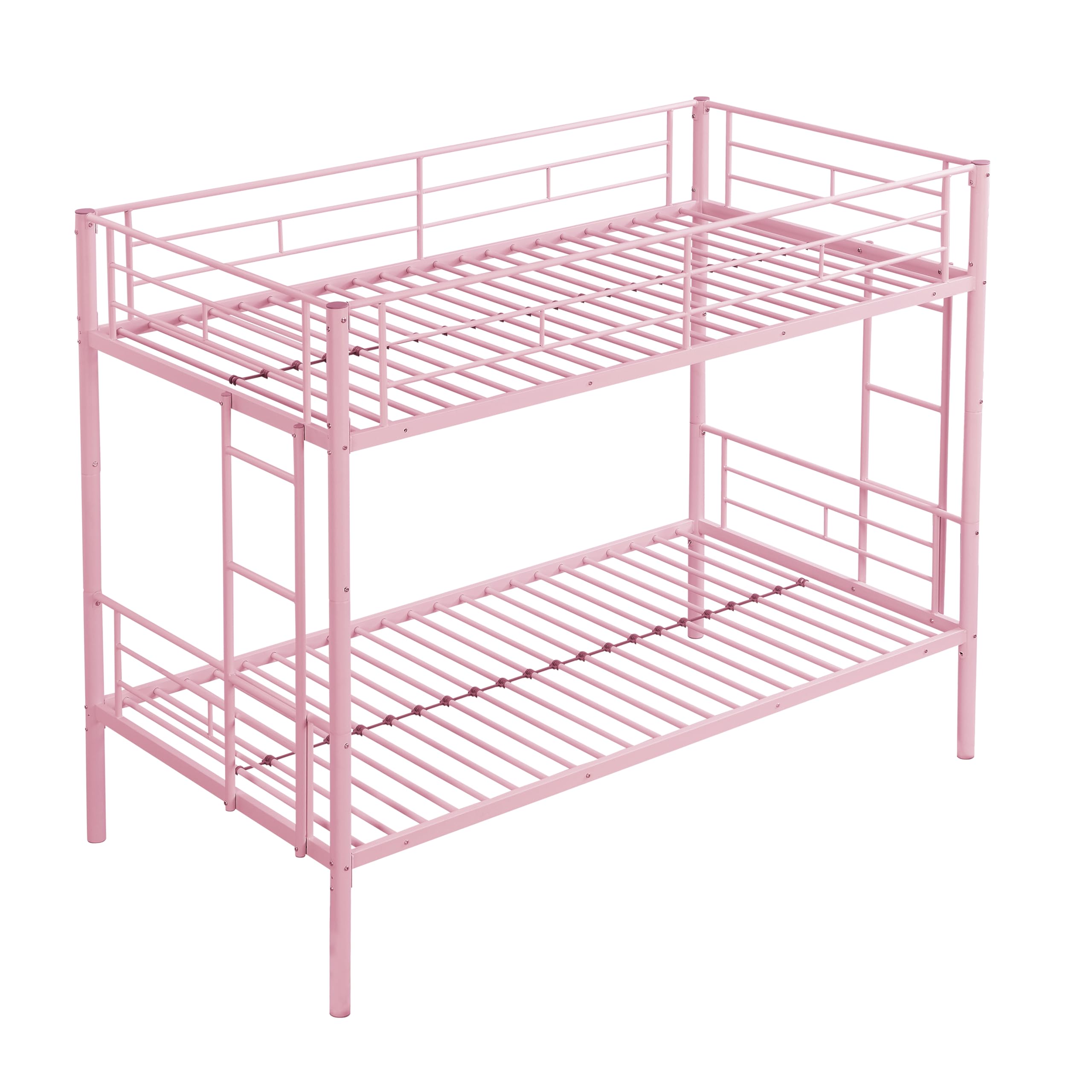 Twin Over Twin Bunk Bed, Metal Bunk Bed with Built-in Ladder and Safety Guardrail, Space-Saving Twin Bunk Beds for Kids, Teens & Adults, No Box Spring, Pink