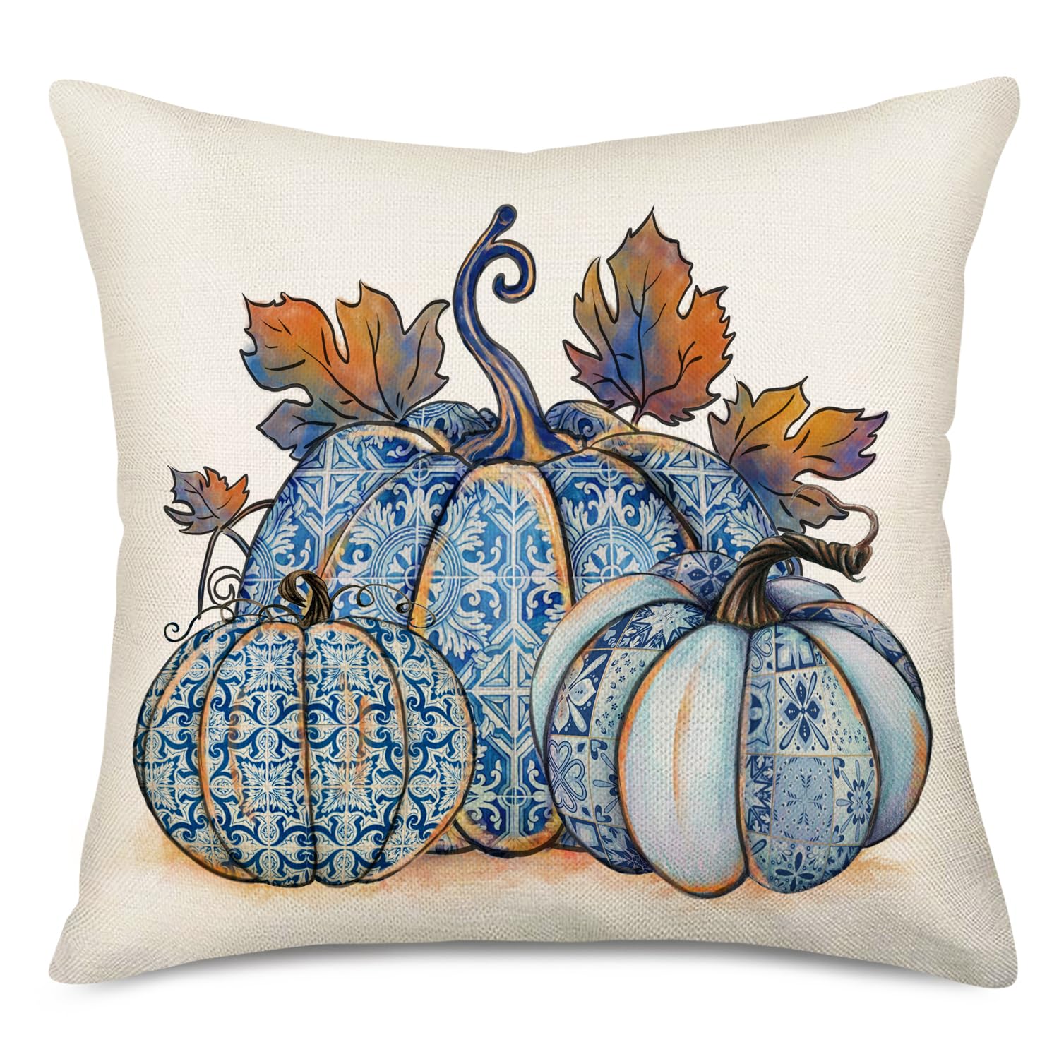 Fukeen Pumpkin Fall Decorative Pillow Covers 20x20 Inch Blue Pumpkin and Maple Leaves Autumn Harvest Throw Pillow Covers