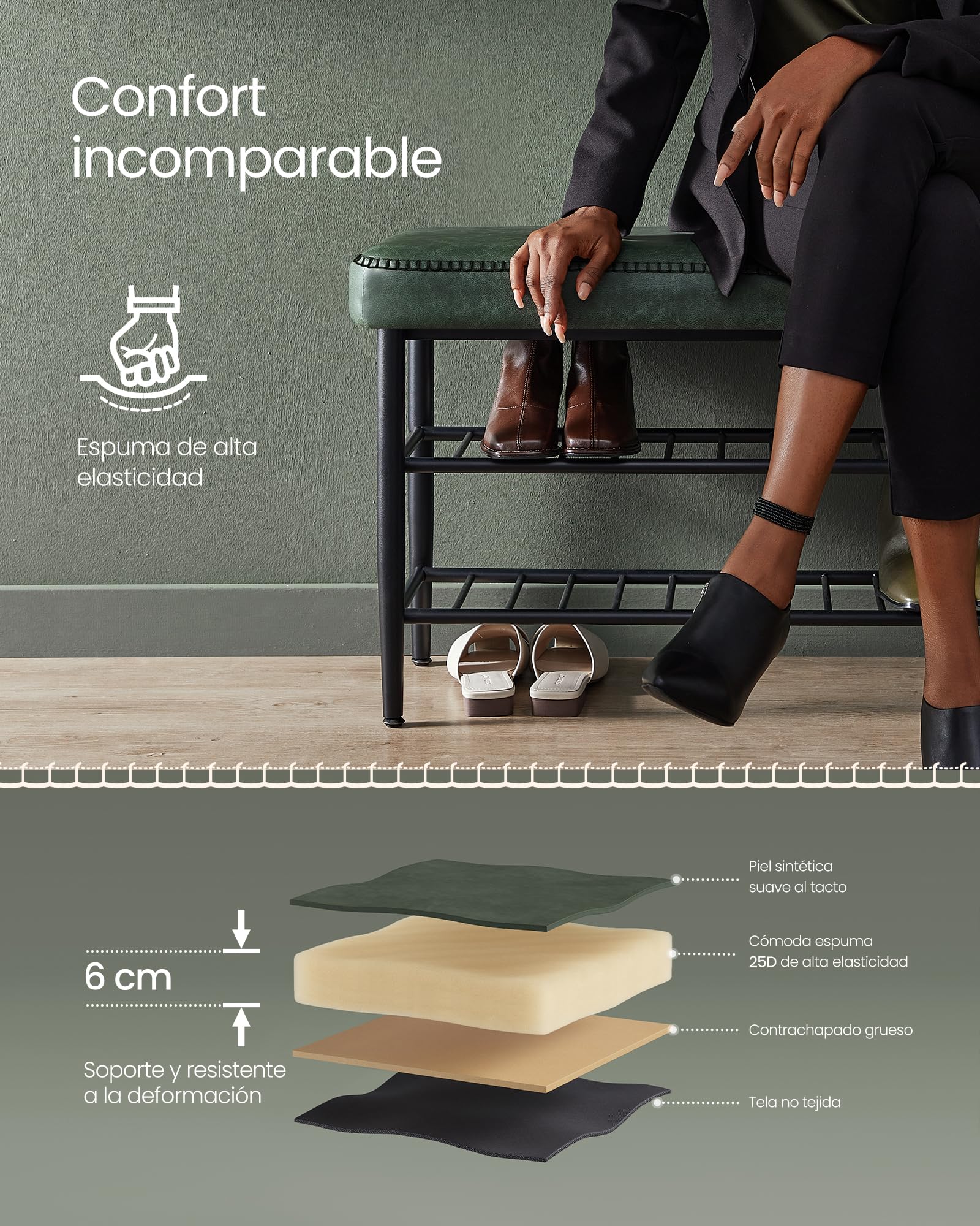 VASAGLE Banco Zapatero, Piel Sintética, Carga 135 kg, 30 x 80 x 50 cm | Banco de Almacenaje, Zapatero de Entrada, Con Costuras, Moderno de Siglo Mediados, Verde Bosque, EKHO Colección LSB054C01