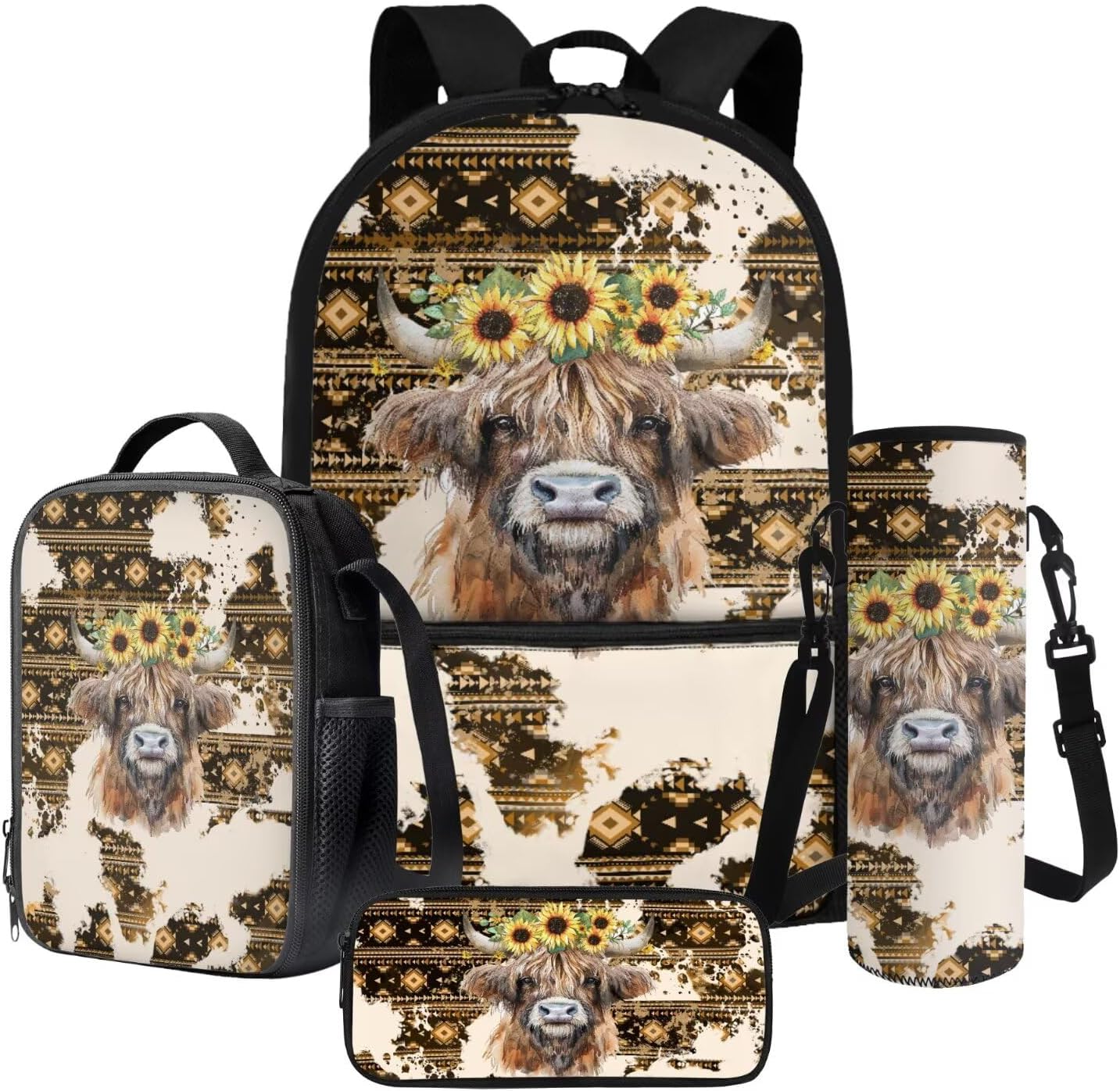 Poceacles School Backpack Set for Kids, 4-Piece Set with School Bag, Insulated Lunch Bag, Water Bottle Holder, and Stationery Organizer for Primary Secondary Students, Horse Sunflower Butterfly Black