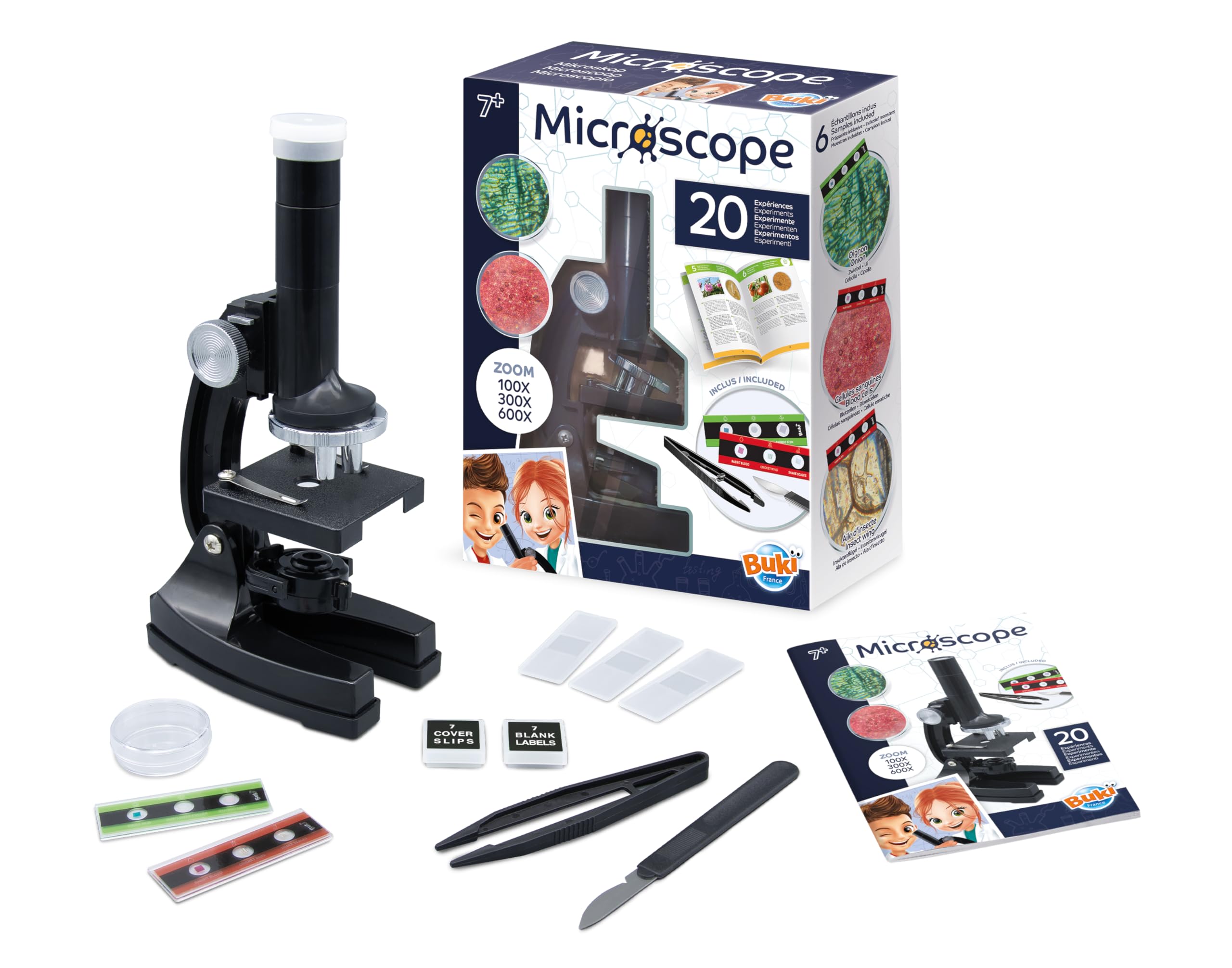 BUKI France – Microscope Enfant 100x 300x 600x – 20 Expériences Scientifiques – Lames prêtes à Observer – Kit Complet dès 7 Ans - MR450