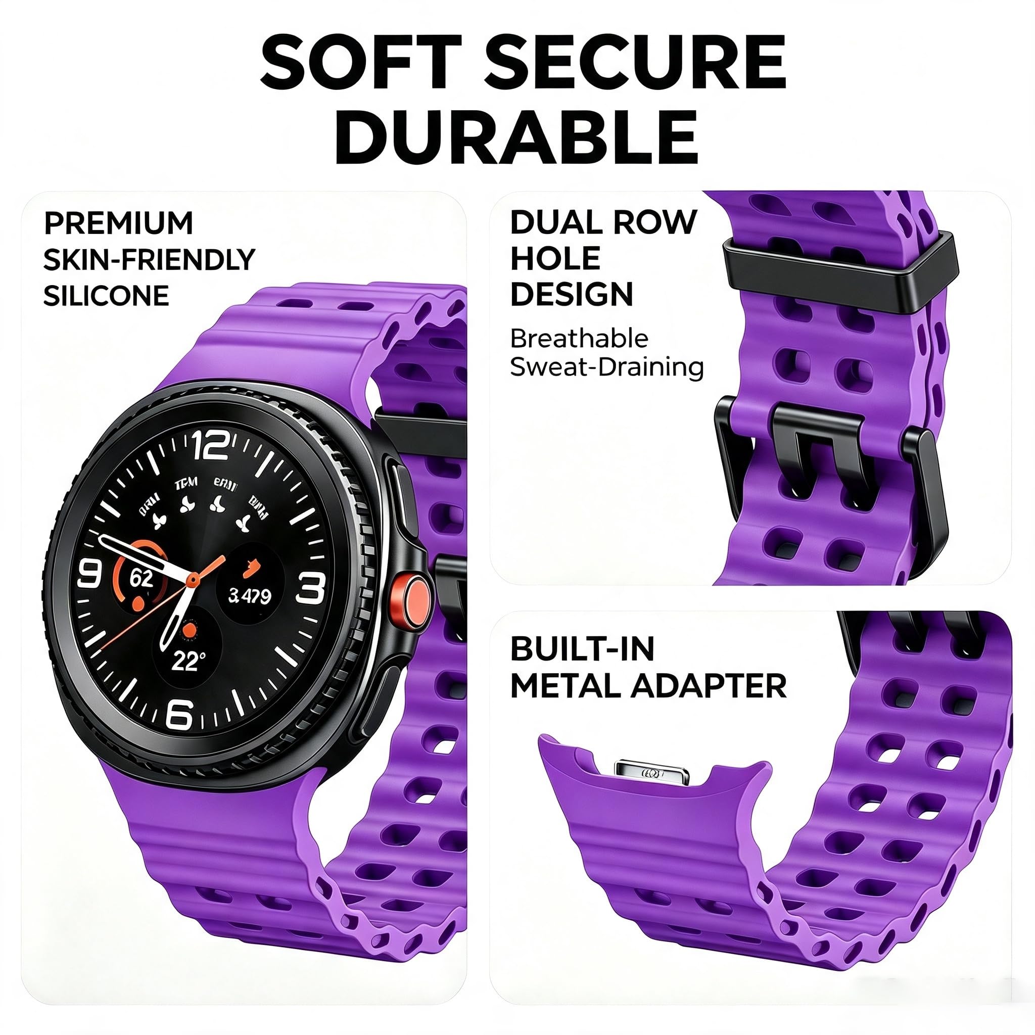 Bracelet de sport en silicone marin compatible avec Samsung Galaxy Watch 8 9 Classic 46 mm pour homme et femme, bracelet de sport en silicone souple et respirant pour Galaxy Watch 8 9 de 44 mm