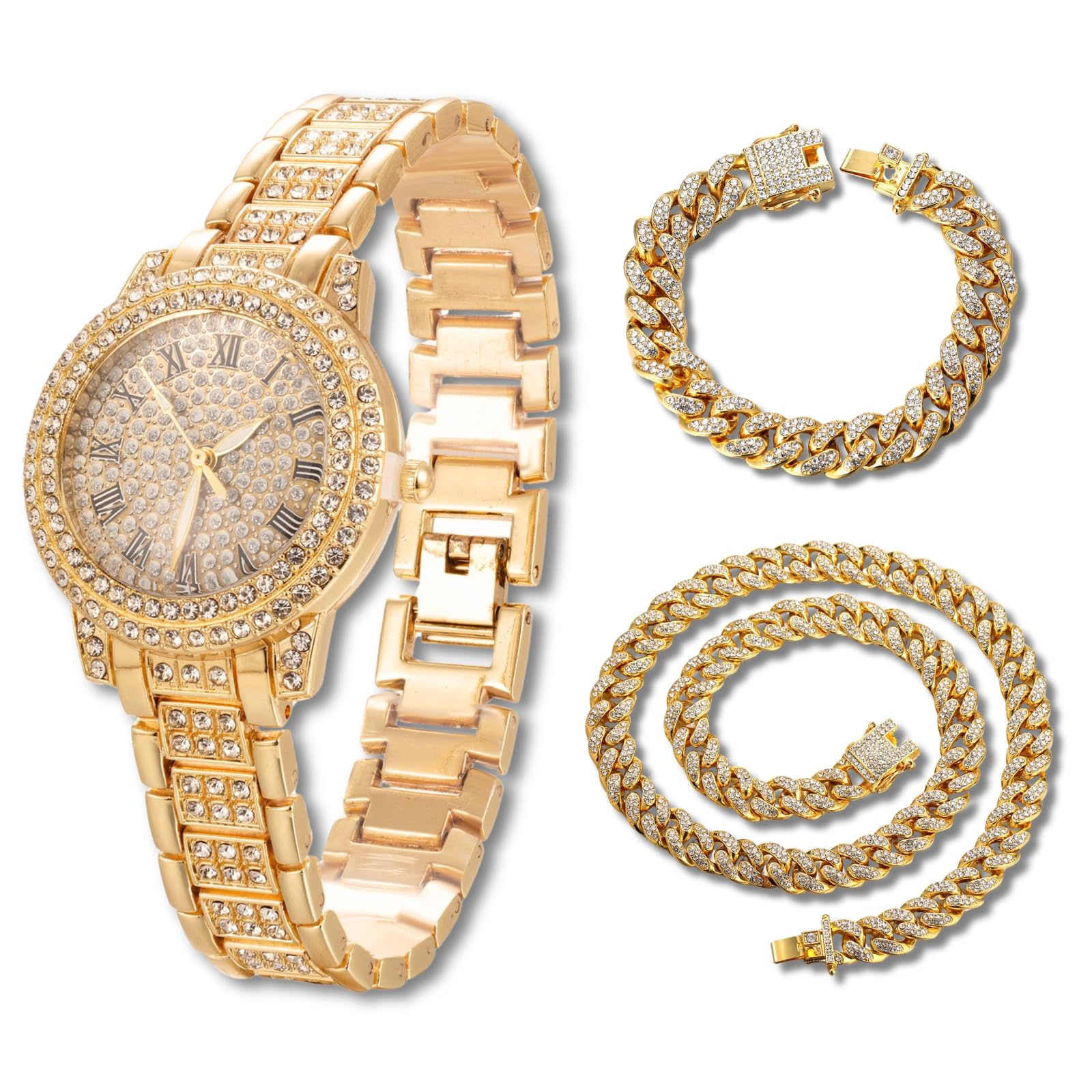 HALUKAKAH Orologio con Diamanti in Oro per Bambini - Placcato in Oro 18 Carati/Platino,Quadrante Tondo 32mm,Quarzo Giapponese - Lunghezza 19.5cm - Opzionale con Catena Cubana,con Strumento Regolatore