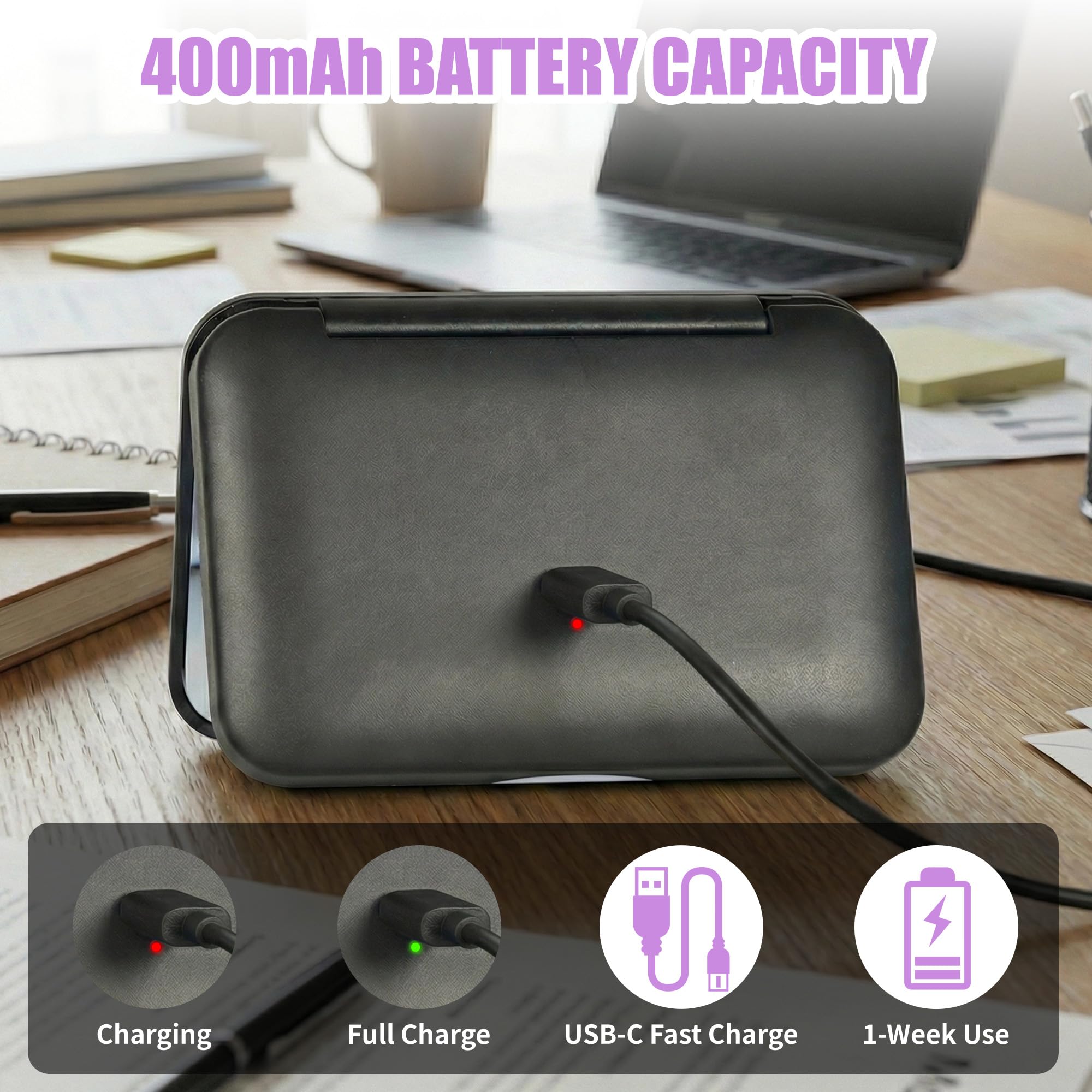 Espejo de Bolsillo con Aumento 1X/2X, Tira LED Tricolor, Brillo Ajustable 5-100%, Batería Integrada, Carga USB-C, Blanco/Negro