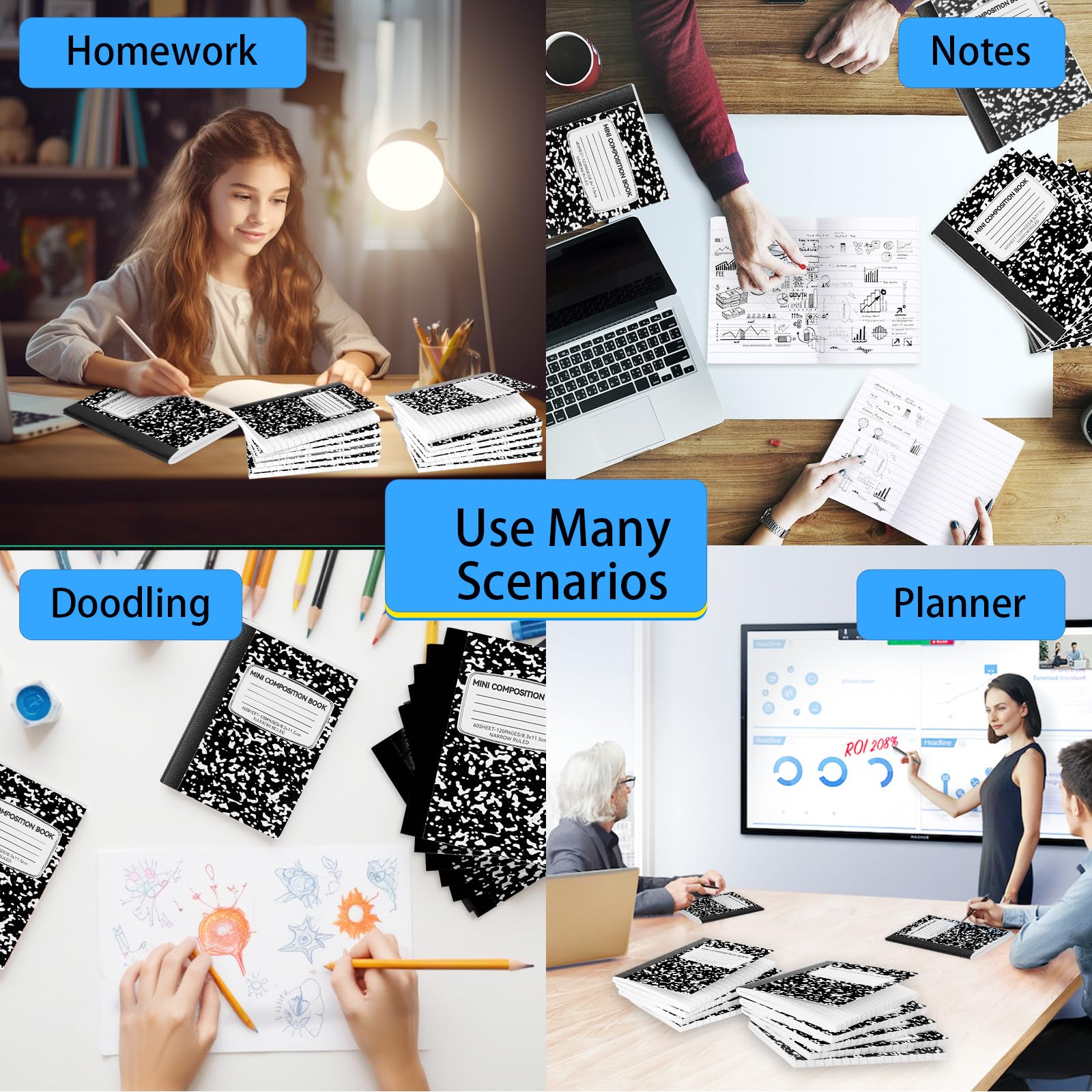 UZLU Confezione da 48 mini quaderni di composizione, graziosi libri di composizione, piccoli quaderni a righe strette per bambini, studenti, università, ufficio, diario tascabile in marmo, nero, 11,4