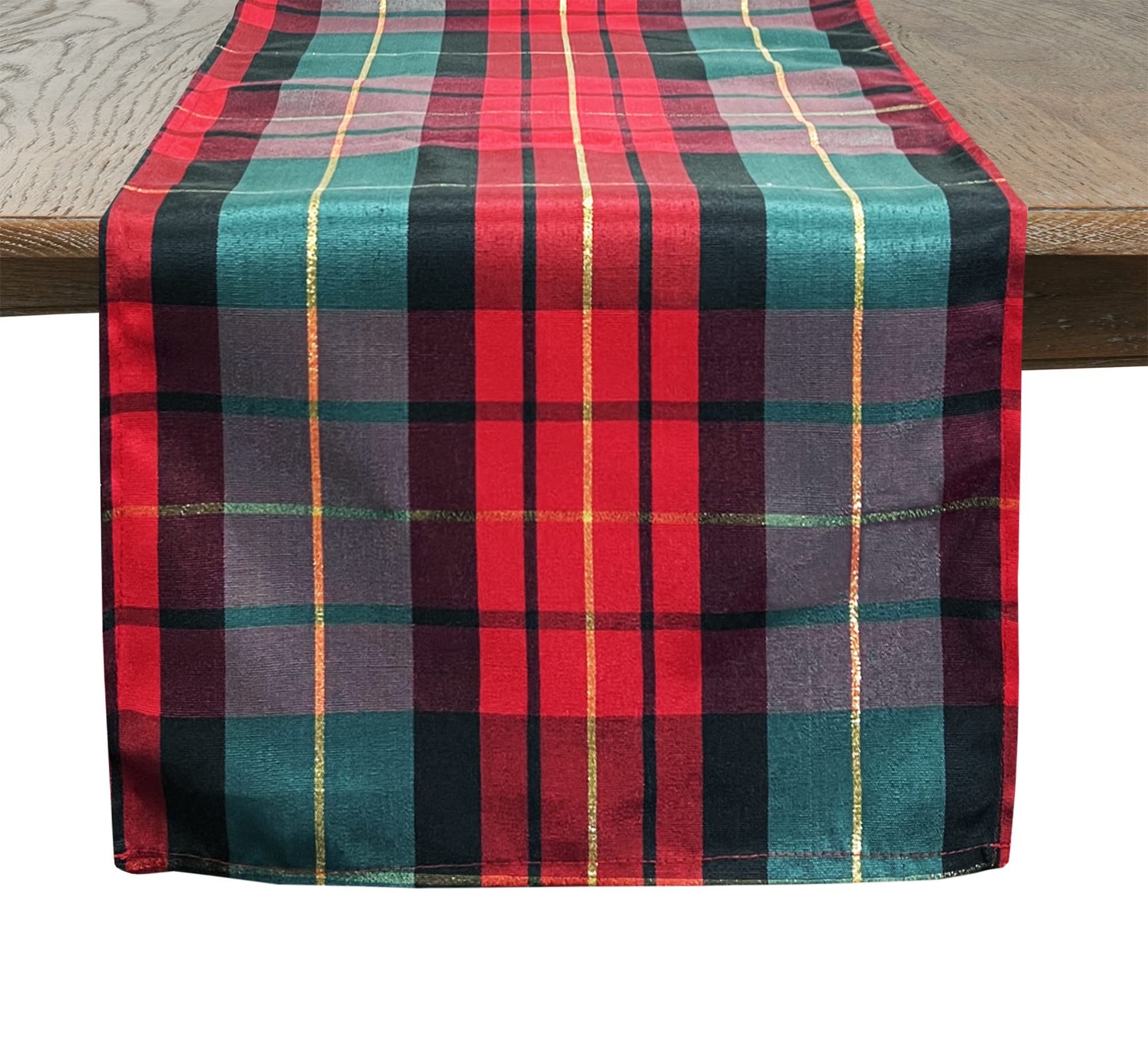 Fennco Styles Classic Red & Green Holiday Tartan Plaid Table Runner 16"W X 90"L - Multicolored Table Cover with Gold Lurex for Christmas, Winter