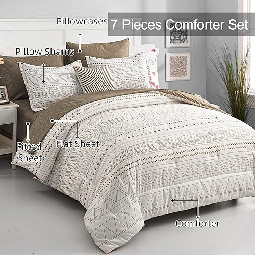 Miniatura 2 de WONGS BEDDING Juego de edredón marrón de 7 piezas, tamaño King, cama bohemia en una bolsa, edredón a rayas geométricas, juego de ropa de cama