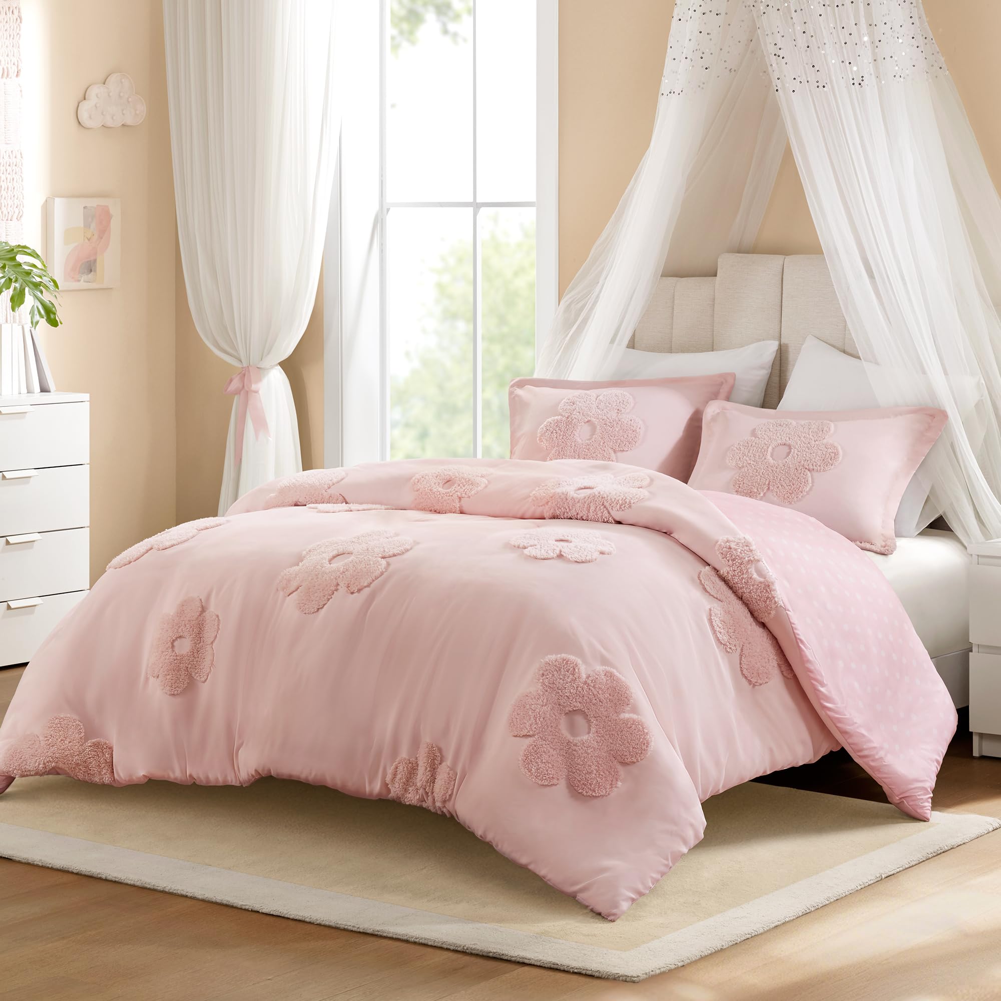 Intelligent Design Kids Queen Duvet Cover Set for Girls, Tufted Chenille Floral Duvet Set Queen, Lightweight Polka Dot Duvet Reversible Bedding Cover,