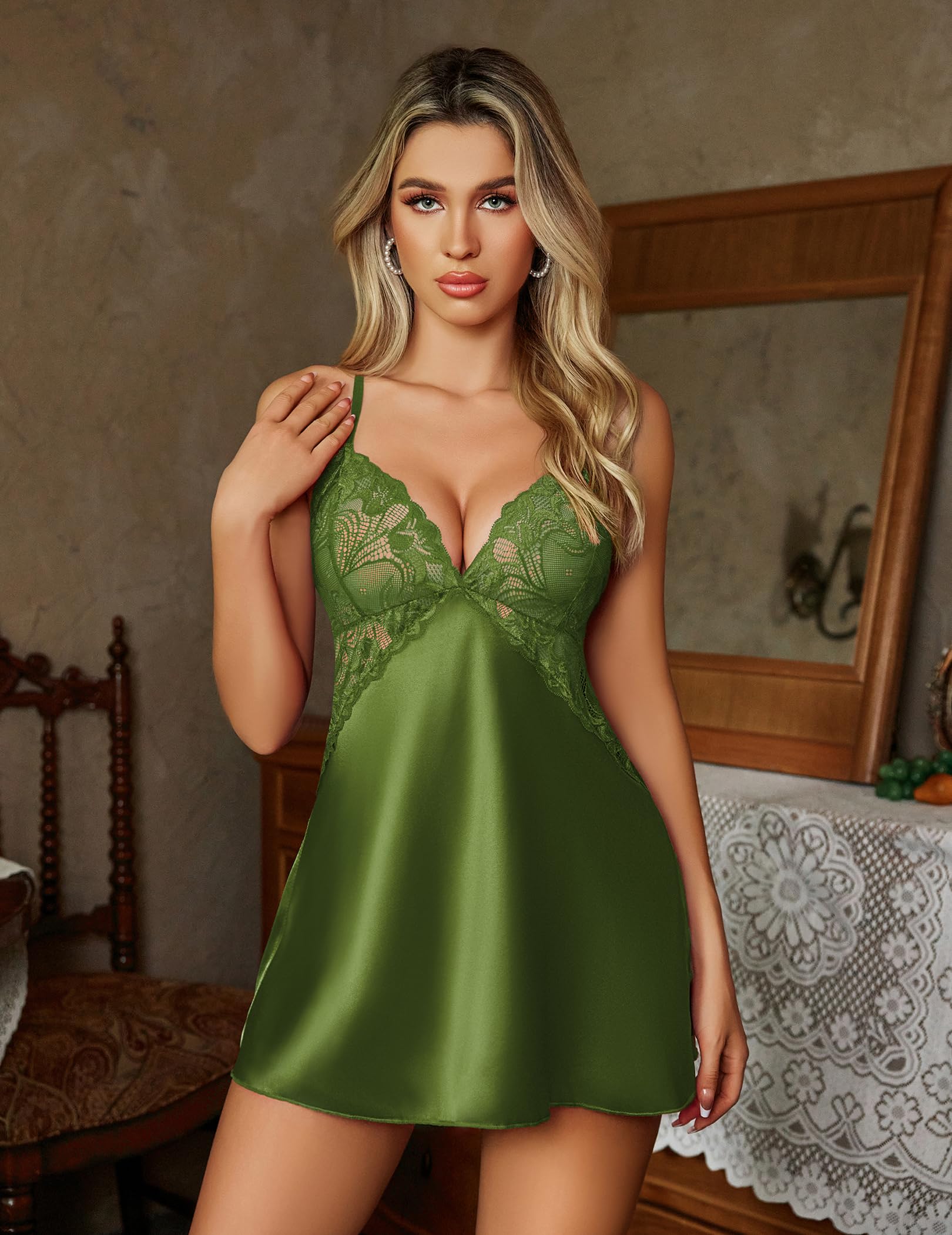 Avidlove Women Lingerie V Neck Sexy Nightwear Satin Sleepwear Lace Chemise Mini Babydoll Nightgown: Small Kelly Green