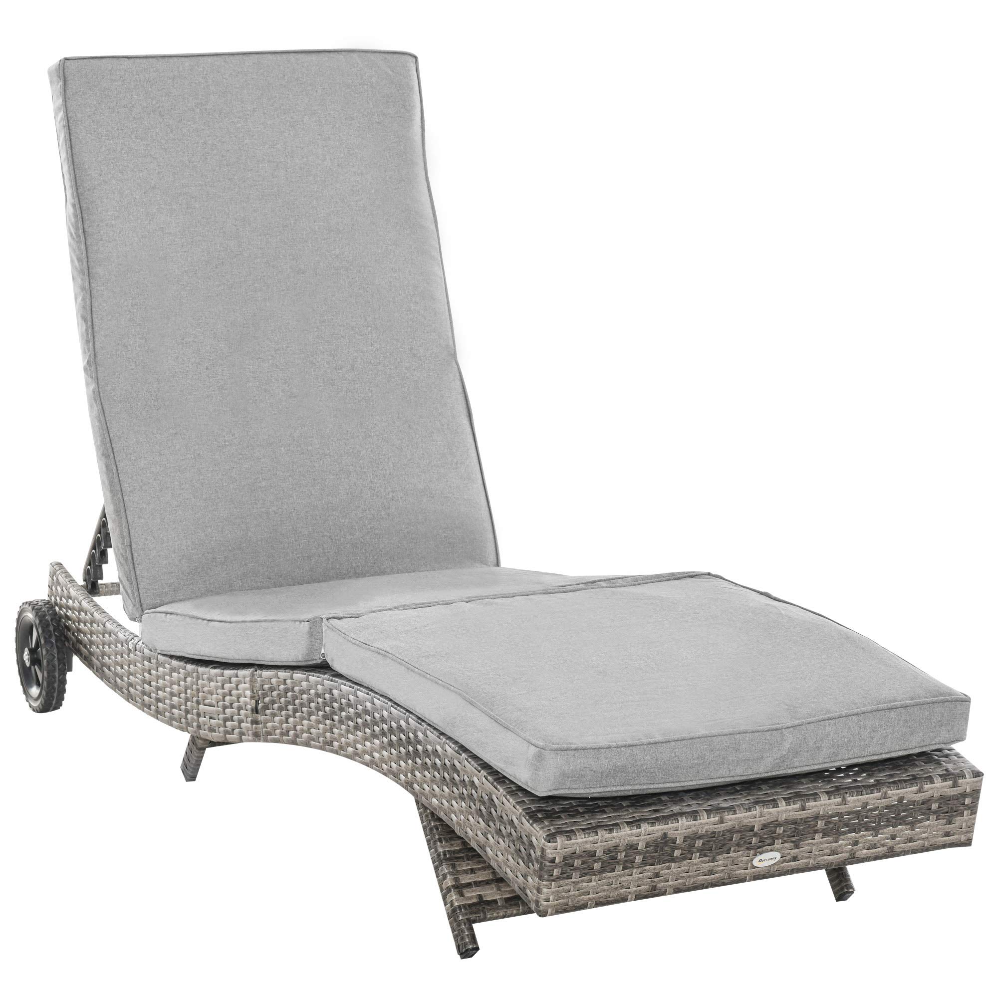 Outsunny Tumbona de Ratán Reclinable Tumbona de Jardín en Forma de S con 2 Ruedas Respaldo Ajustable en 5 Posiciones y Cojín Extraíble para Patio Terraza 207x70x70 cm Gris