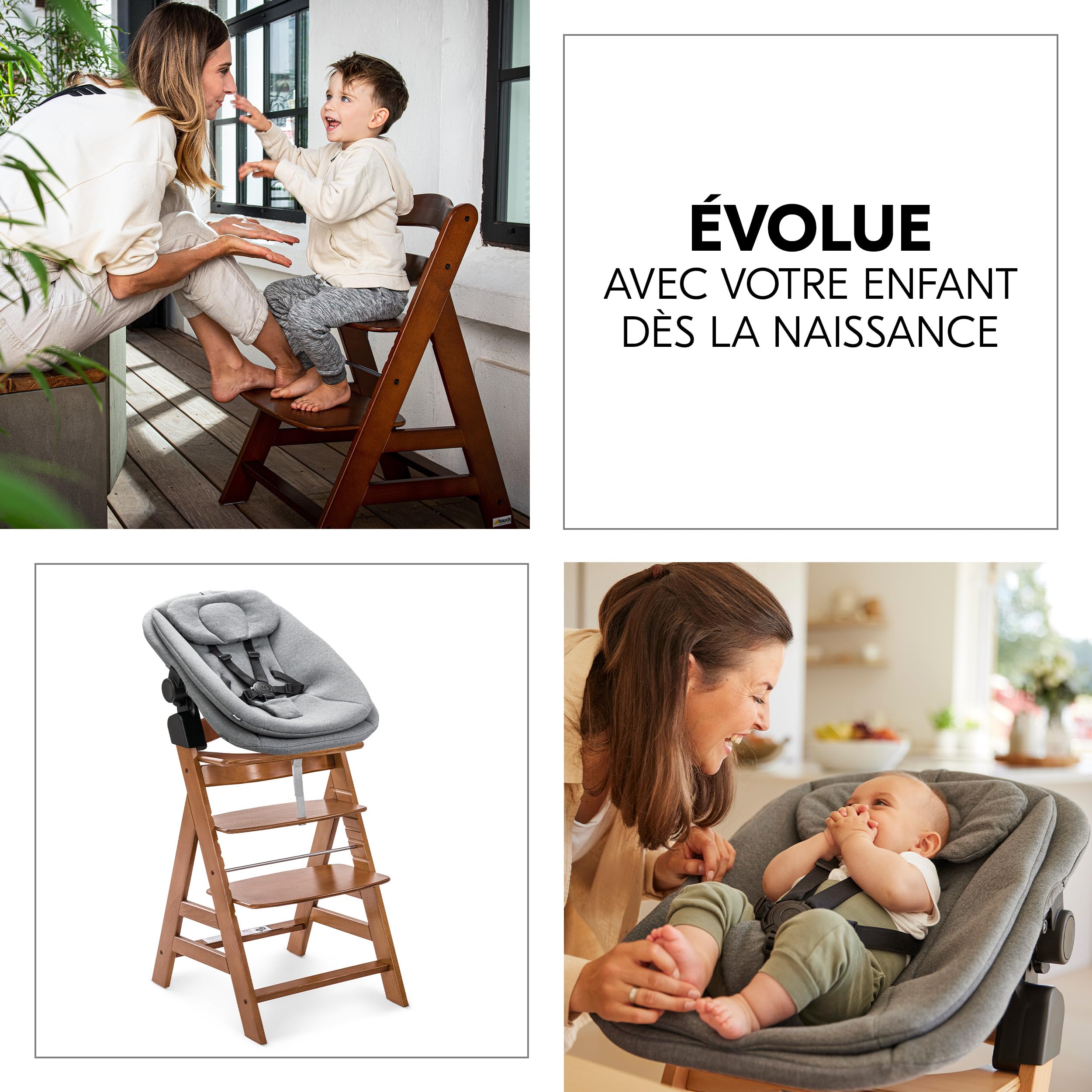 hauck Chaise Haute Bébé Alpha+ avec Siège Highchair Bouncer – Walnut | Chaise haute évolutive en bois, de la naissance à 90 kg, inclus assise bébé ergonomique 3 en 1 et coussin