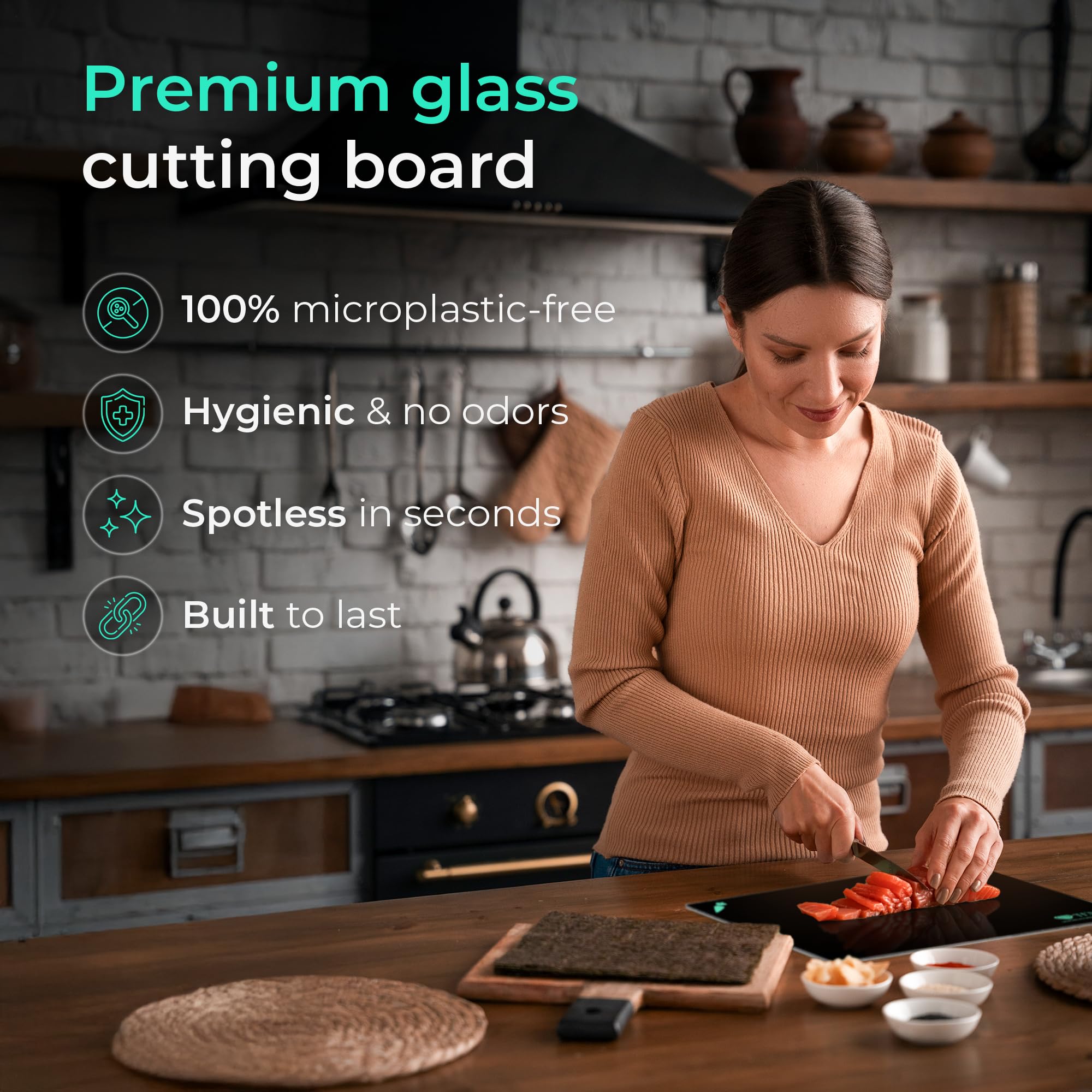 TEN Schneidebrett Glas Set 4-teilig mit Holzhalter – Glasschneidebrett spülmaschinenfest - Schneidebretter ohne mikroplastiki – Schneidebrett aus gehärtetem Sicherheitsglas 20 x 30 cm