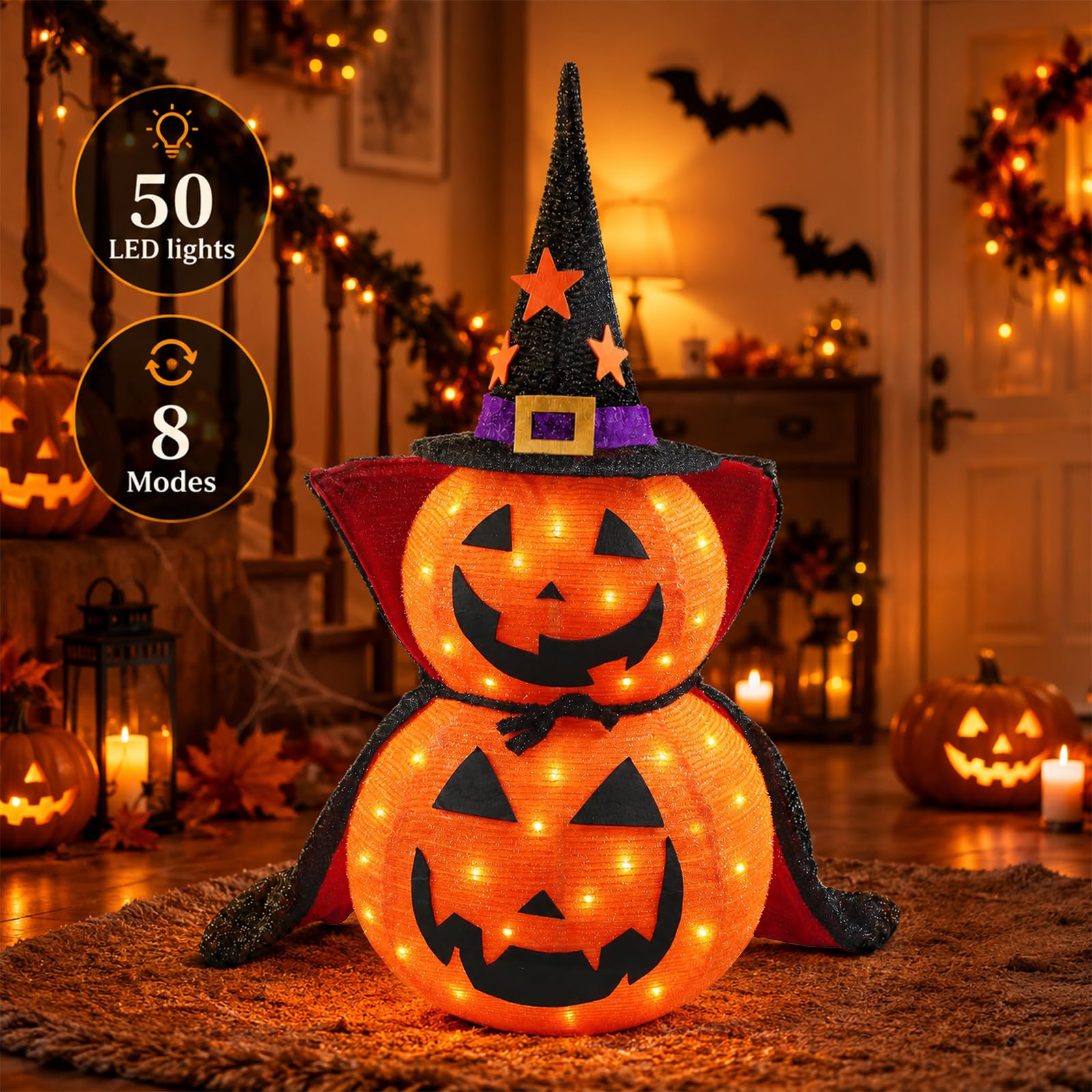 Halloween Kürbis Dekorationen, Lichter mit 50 LED-Lichtern, Faltbarer Kürbis mit Hexenhut-Lichtern, Dekorationen für den Innen- und Außenbereich, Hof, Urlaub, Gartendekoration (85cm)