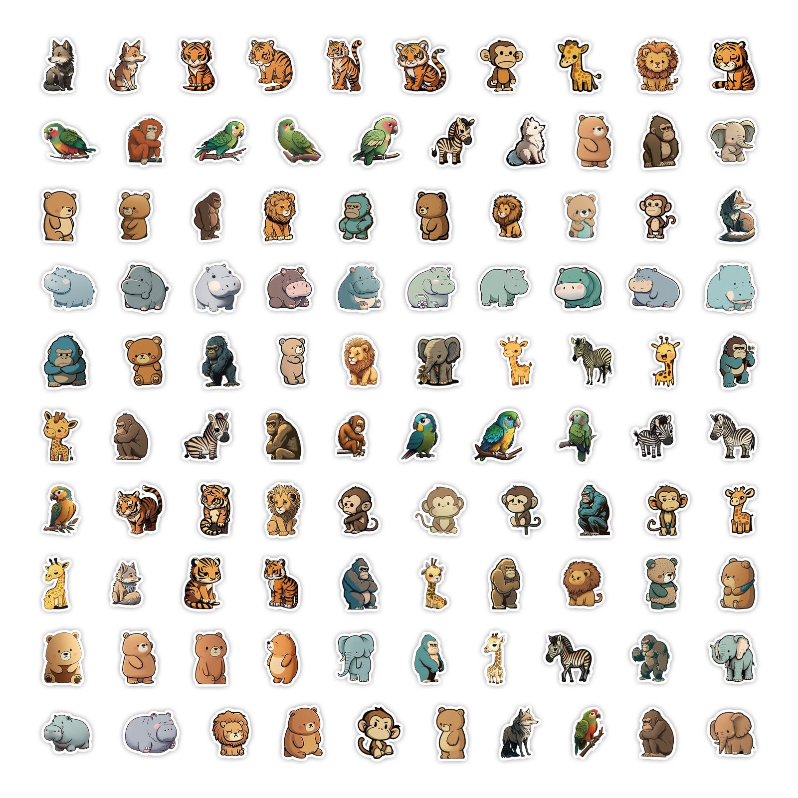 Vidillo Cute Cartoon Animal Stickers 100Pcs Non repetitive Lions Bears Parrots Elephants Monkeys Chimpanzees giraffe elephant zebra tiger fox for Children Kids Boys Girls Teens Teachers Reward Gift