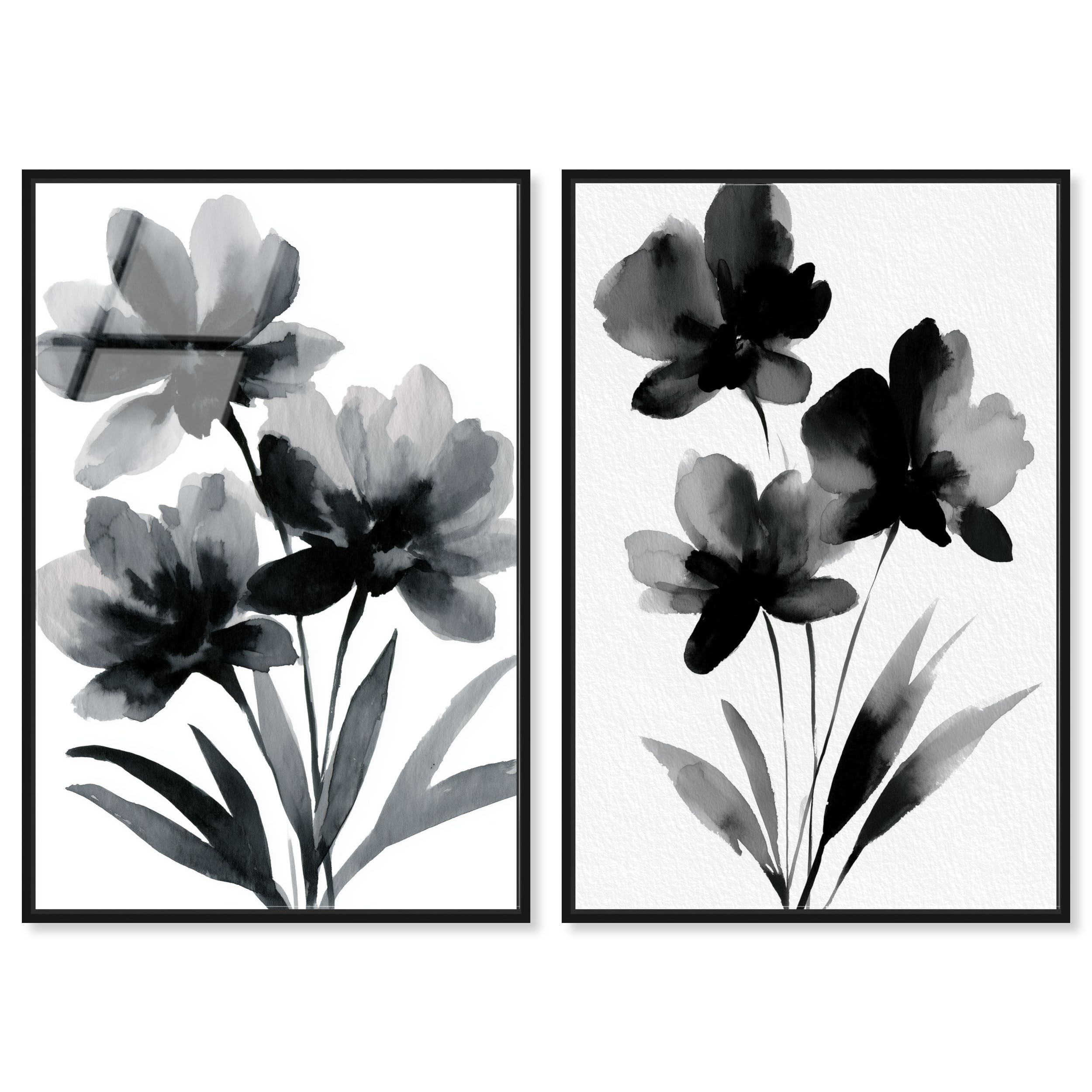 Art Remedy Holzkohleblüten gerahmter Acryldruck Blumen-Wanddekor-Set, schwarzer Rahmen, 25,4 x 38,1 cm, 2 Stück